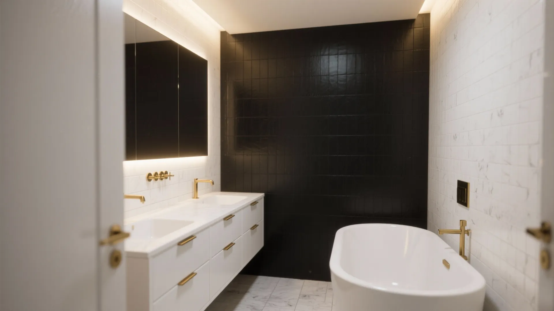 Narrow bathroom with a matte black feature wall, white vanity, and brushed gold accents.