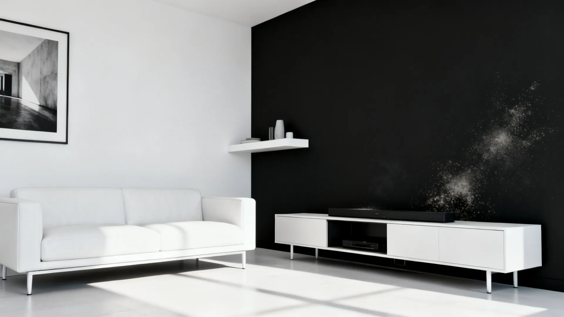 Living room with a matte black feature wall, slim white sofa and floating shelf creating a strong focal point.