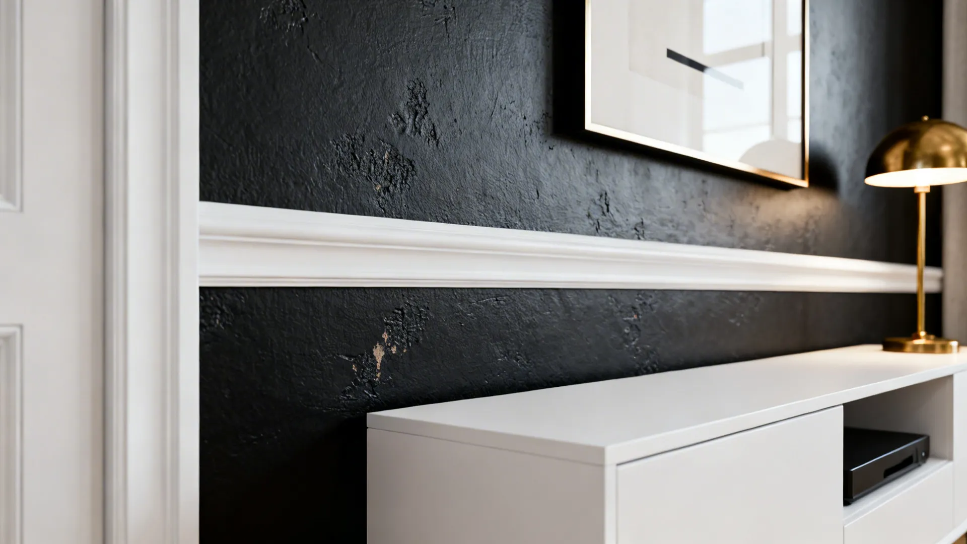 Textured matte black feature wall with crisp white trim and a white media console