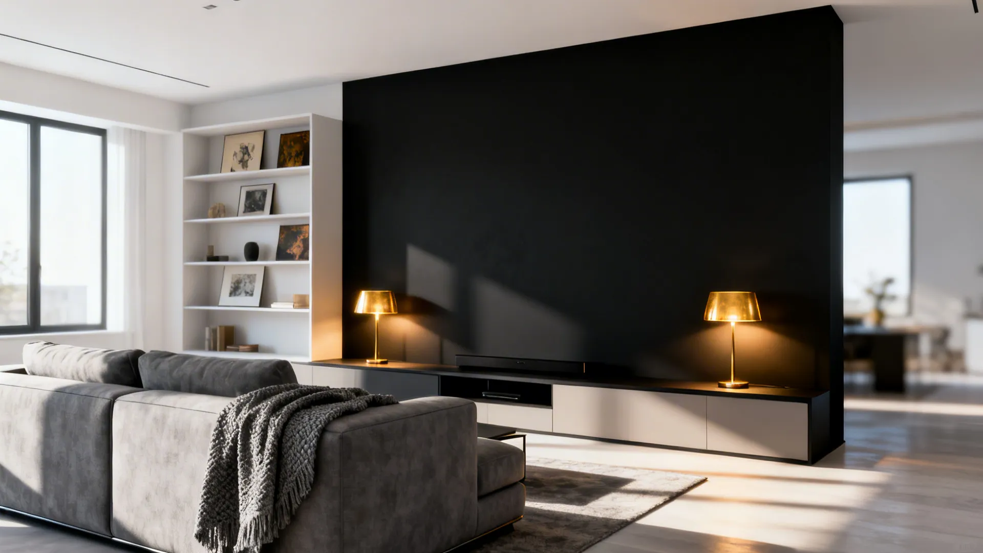 Modern living room showing black feature wall, white bookshelf, grey sofa, and two table lamps
