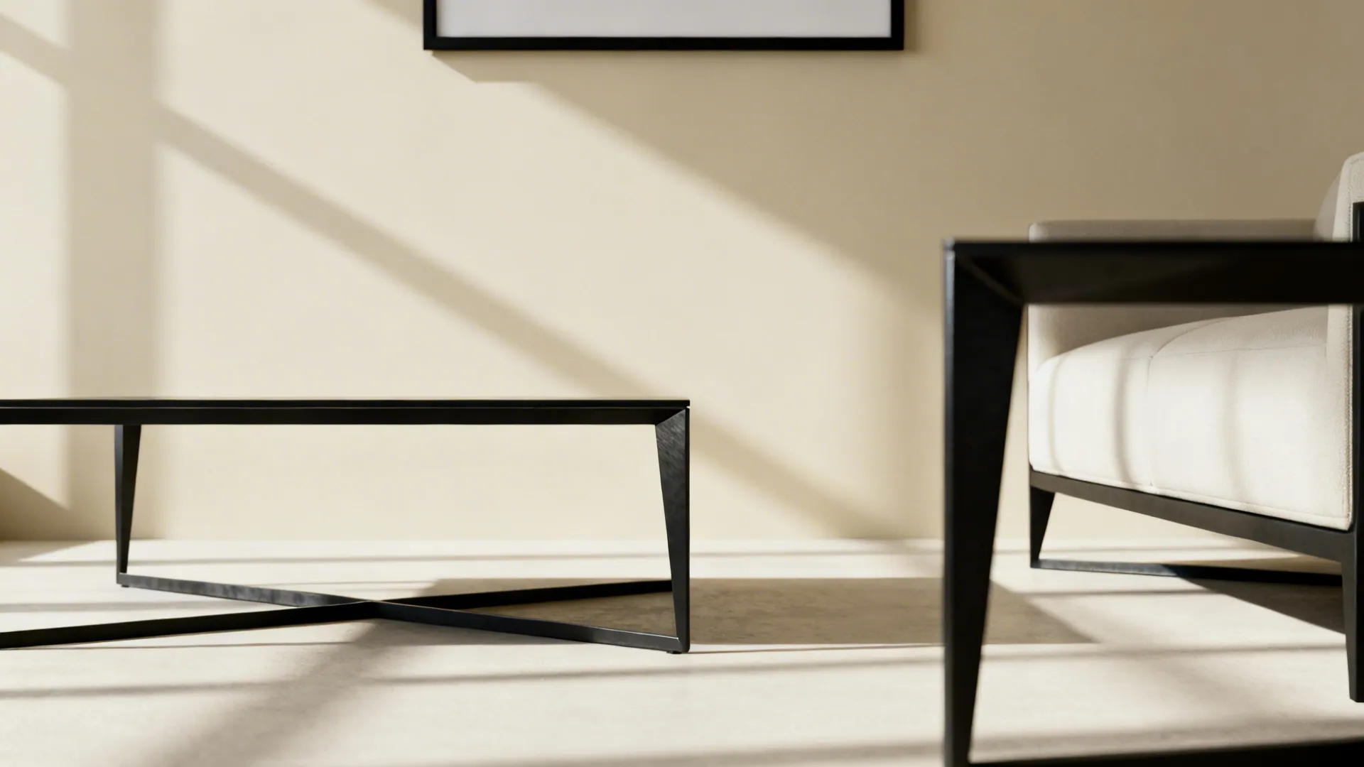 Thin black metal furniture legs and slim black frames providing definition in a cream room