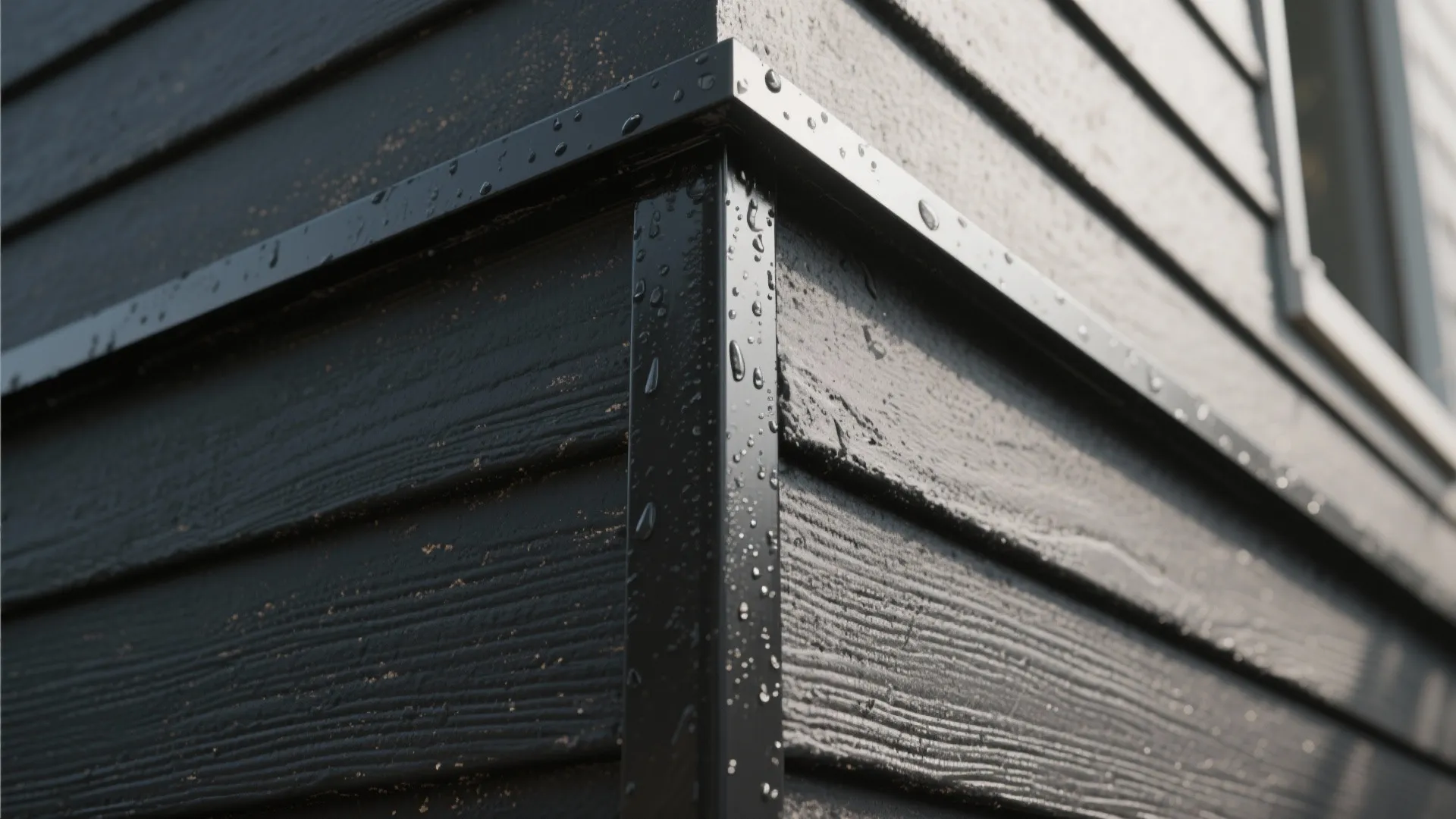 Close up of black wood wall panel with water drops on corner of house exterior wall