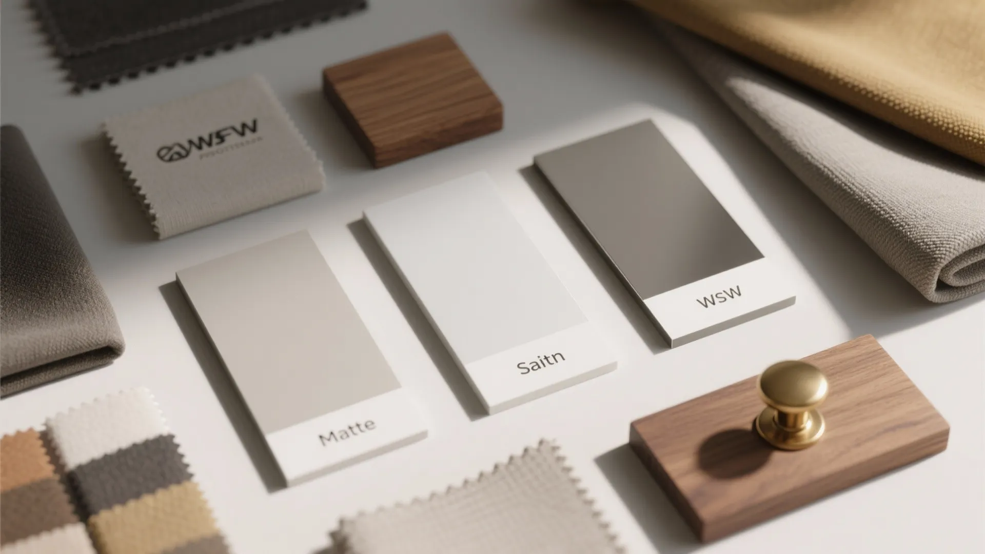 Flatlay of matte, satin, and soft-sheen black paint samples with fabric and hardware swatches.