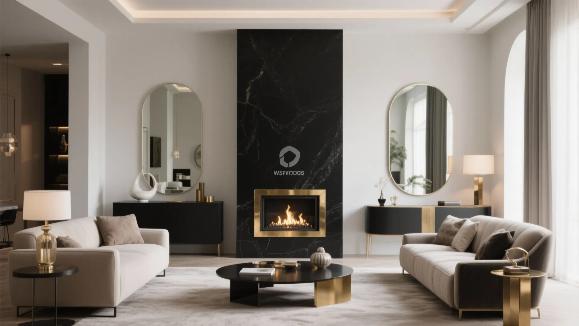 9. Black Fireplace with Gold Trim