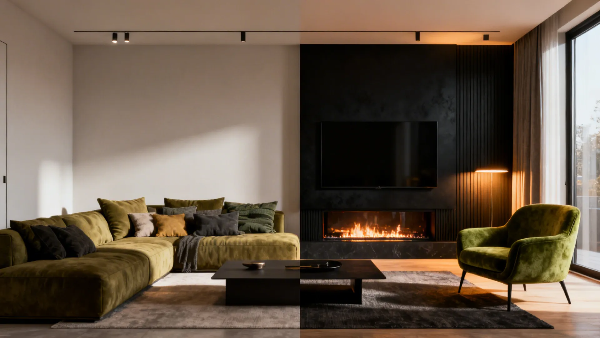 Before-and-after of a small living room transformed with a black media wall and olive-green seating.