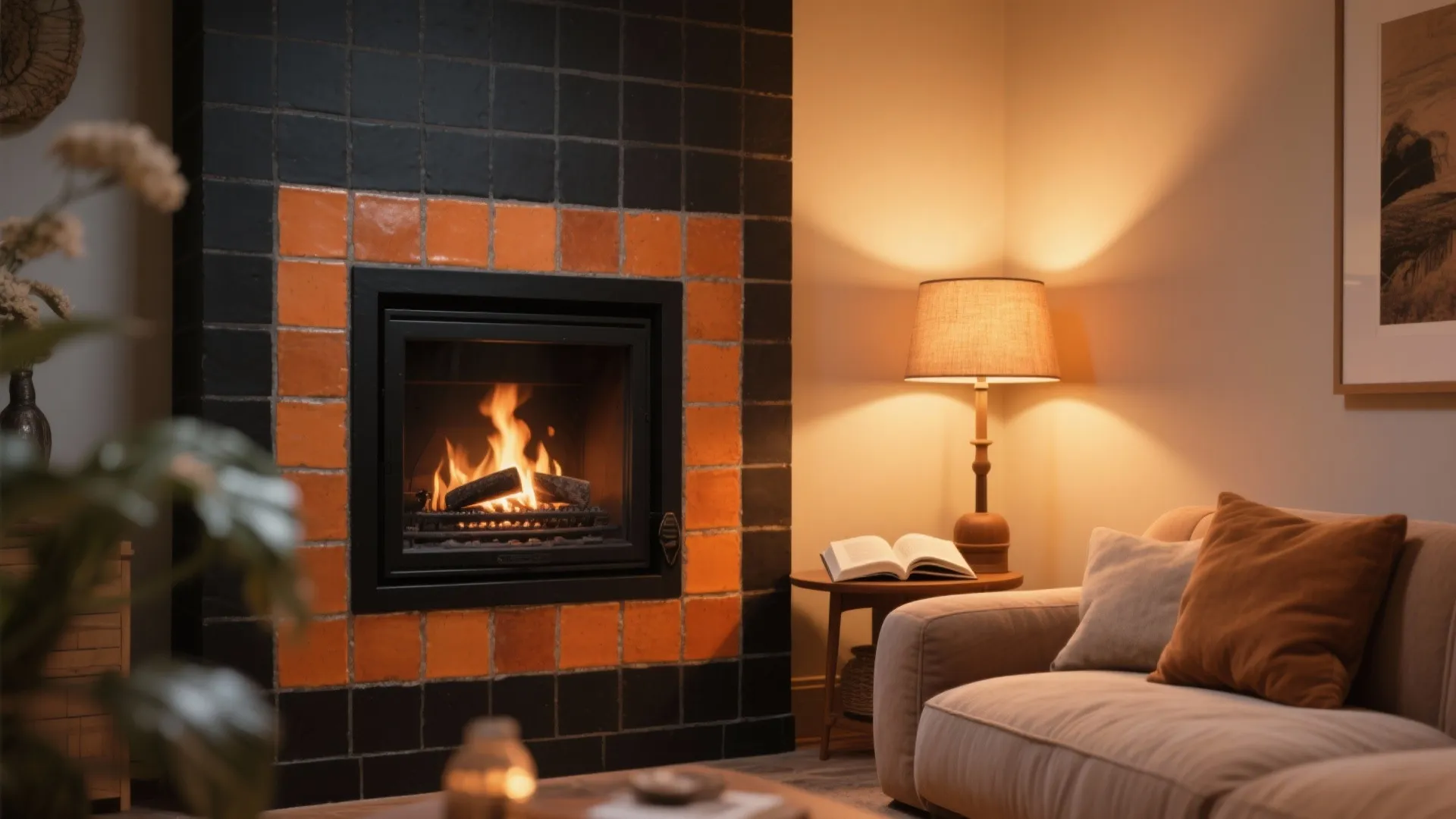 Black and orange tiled fireplace burning wood next to a sofa with a table lamp