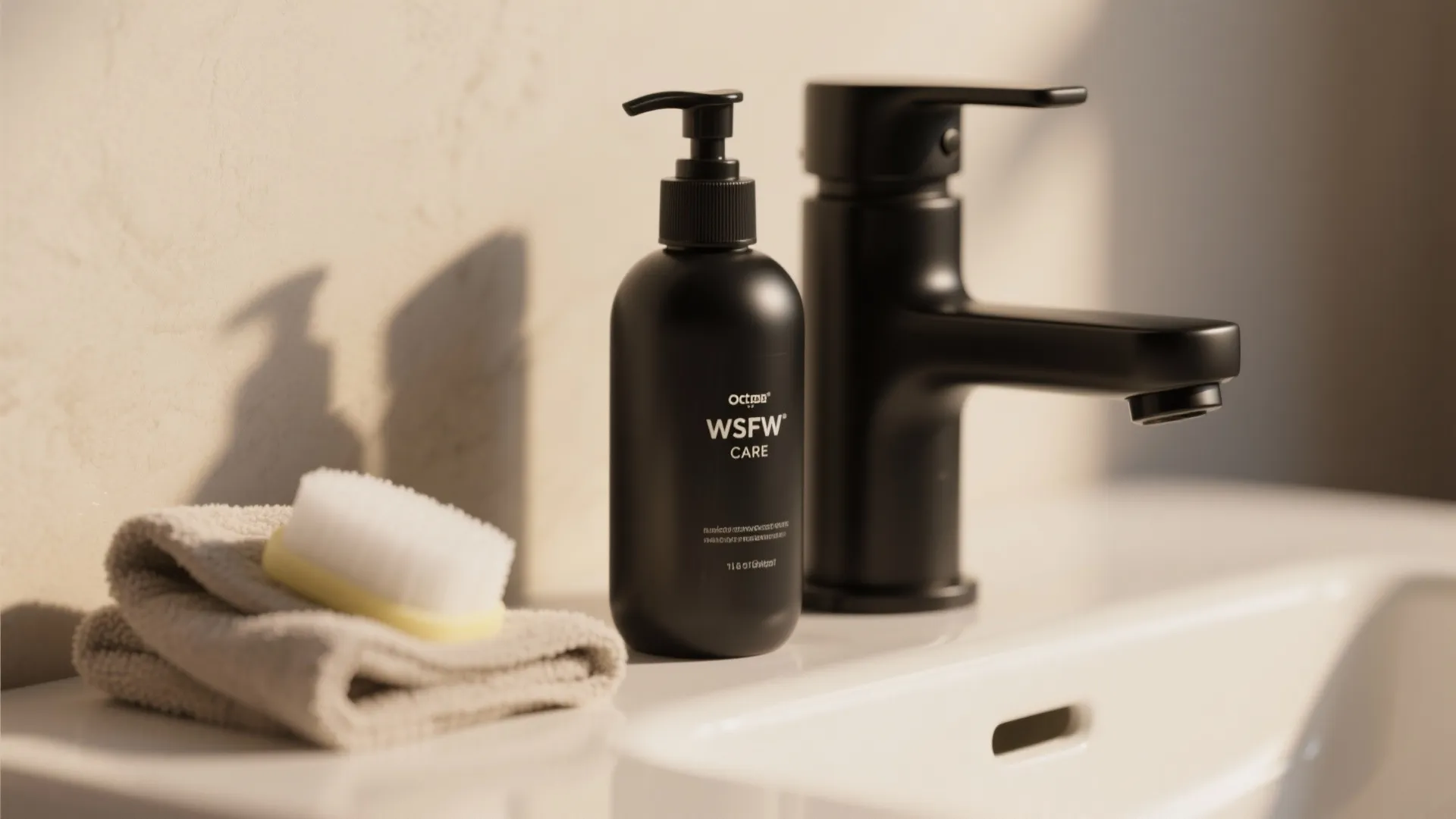 Black soap bottle next to a black sink faucet with a small brush and towel