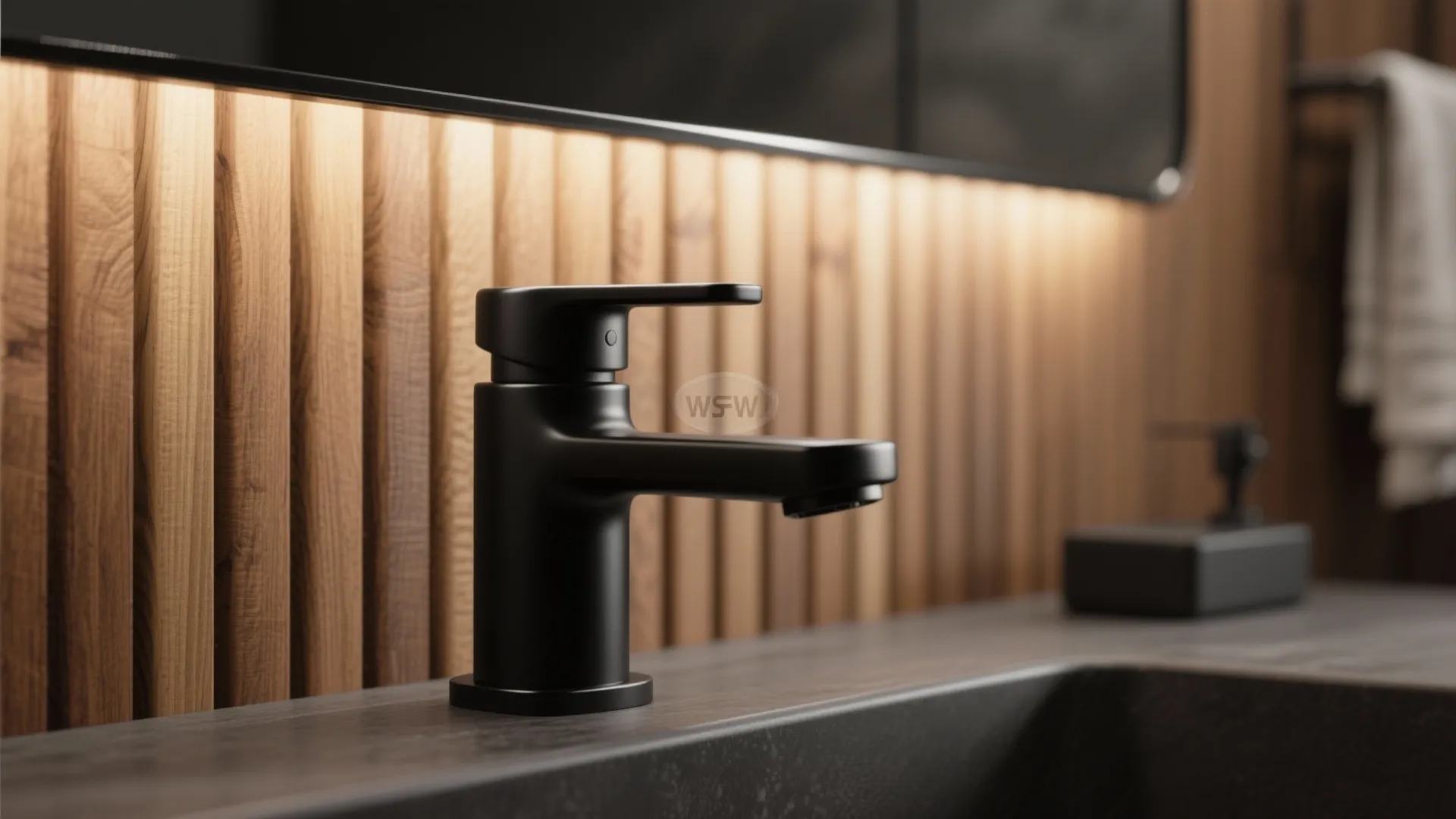 3. Matte black fixtures against wood for modern contrast