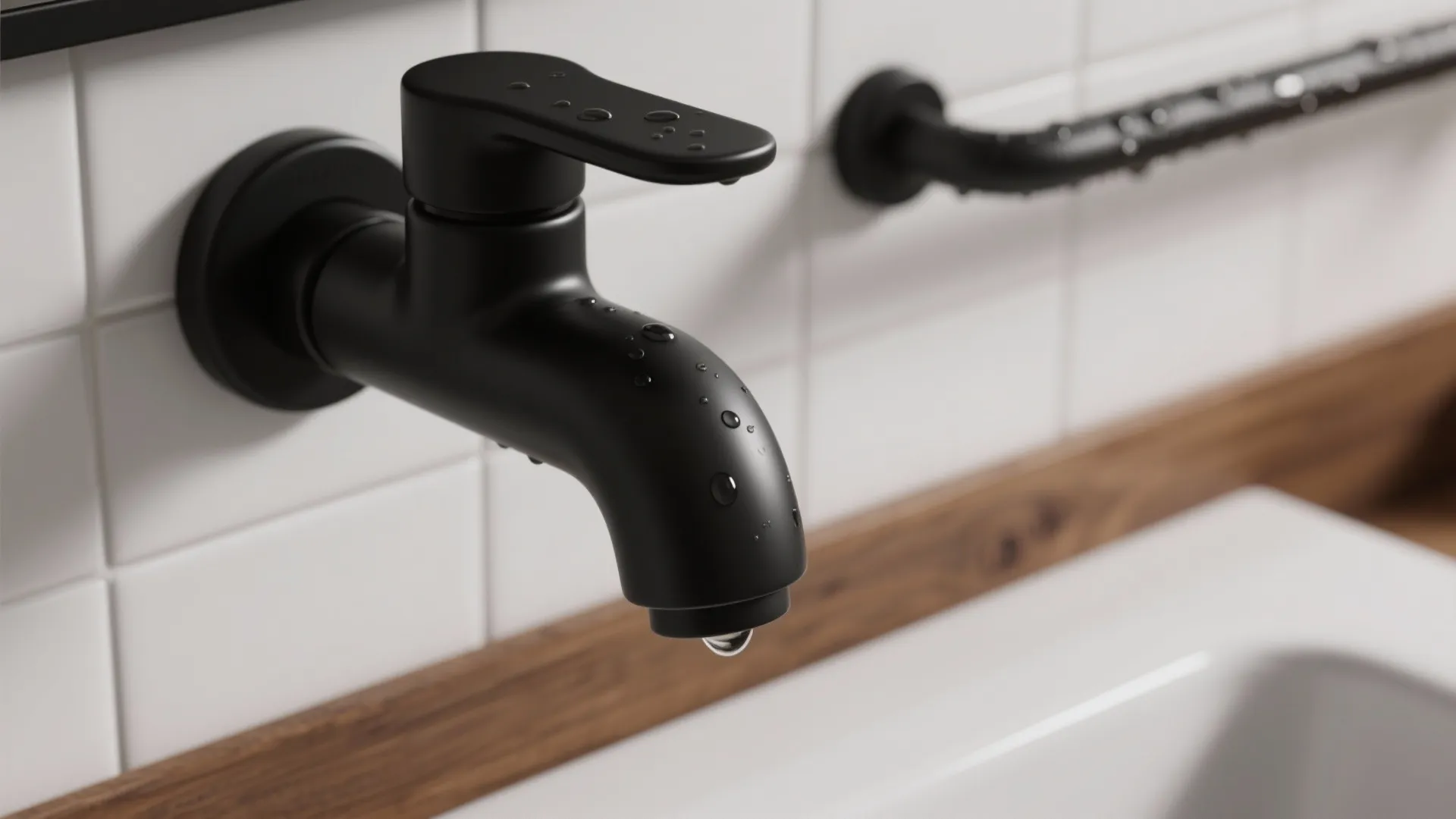 Close-up of matte black faucet and towel bar showing texture and finish against white tile.