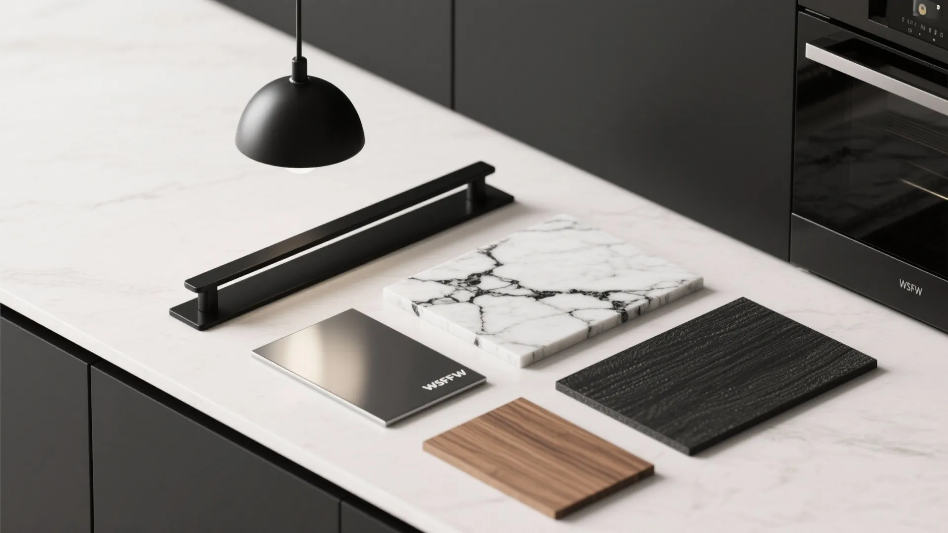 Kitchen material samples including marble wood and black metal handle on a white marble countertop