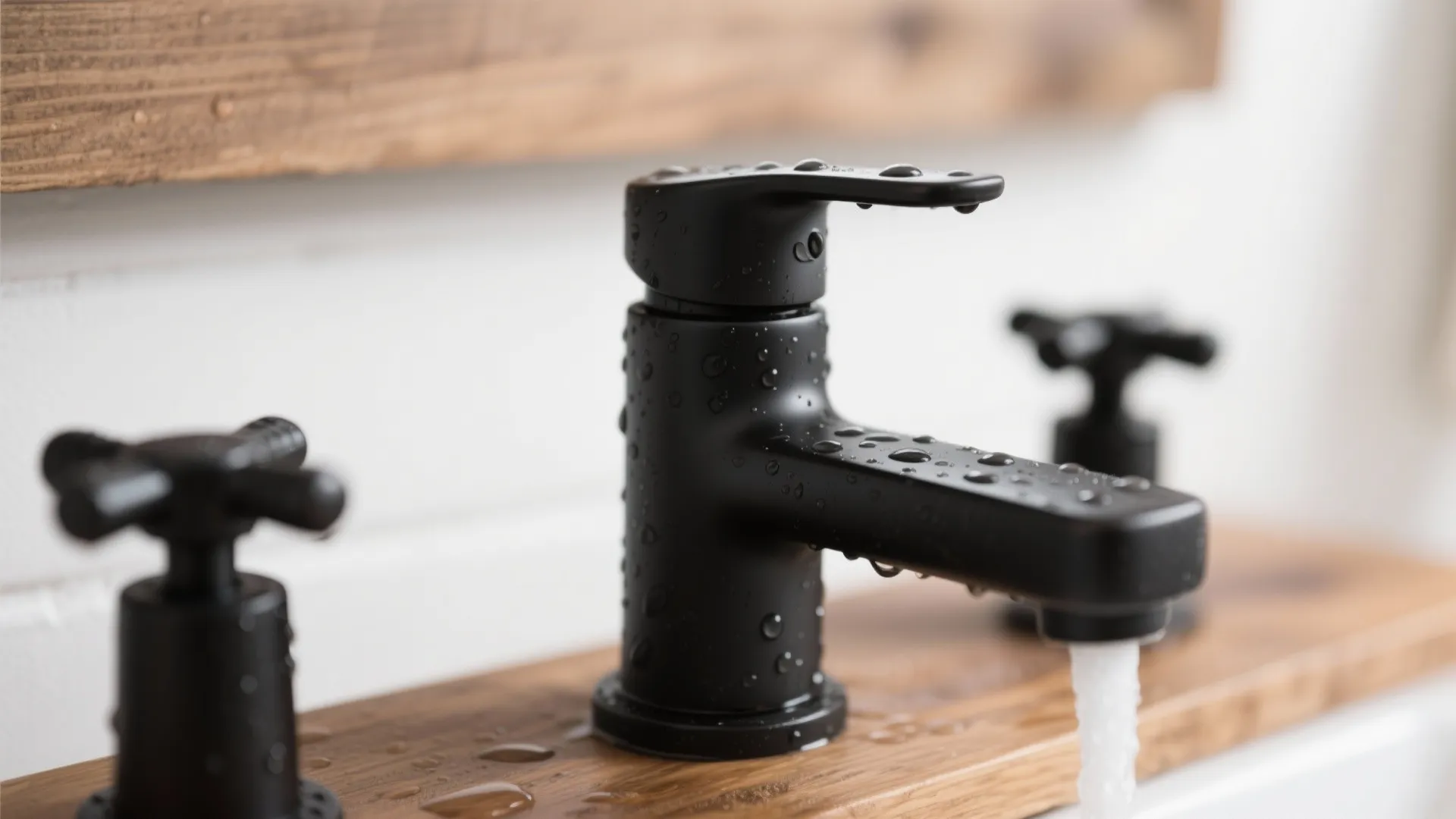 Close-up of matte black faucet with water droplets in a white and wood bathroom