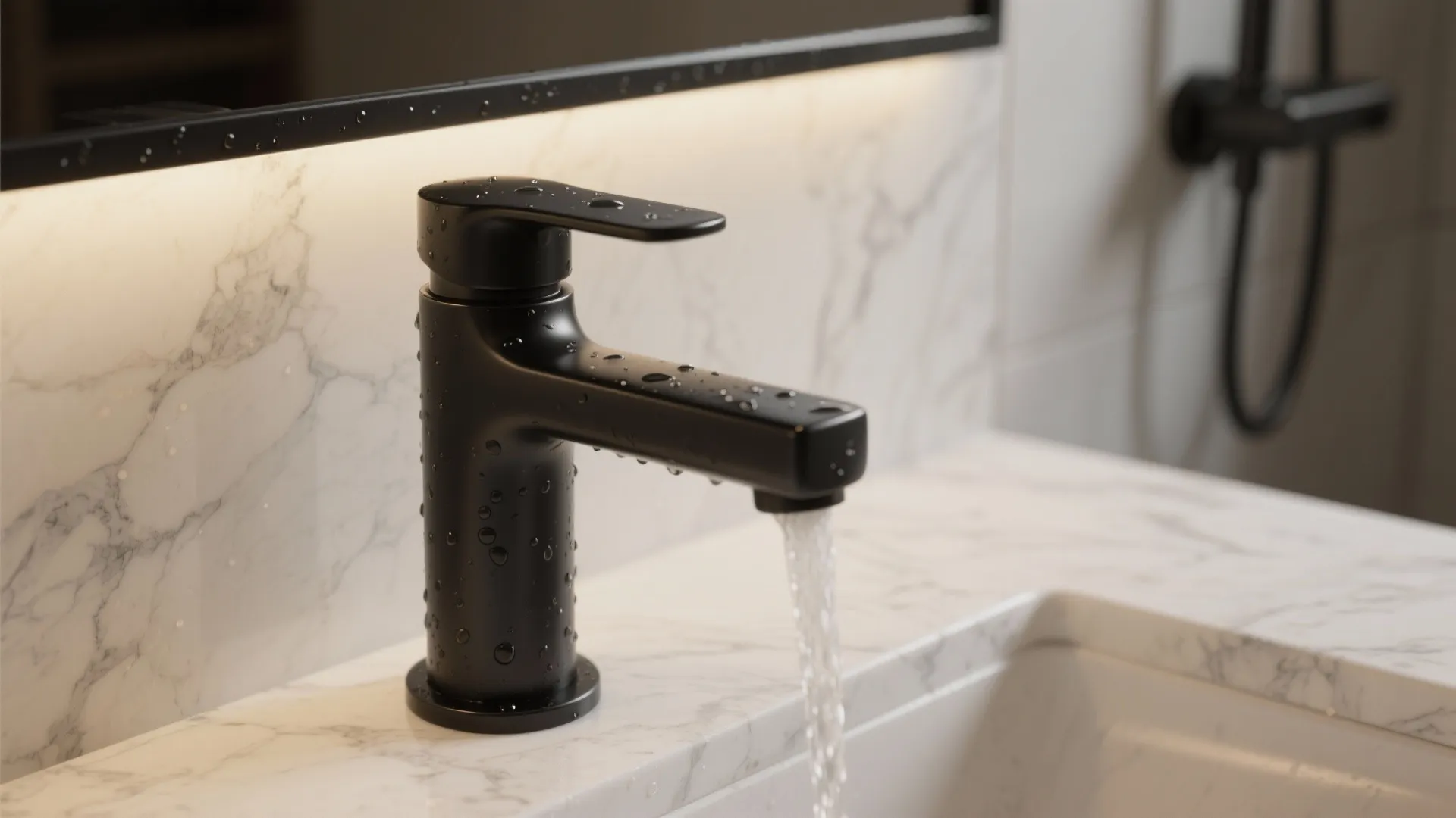 2. Black Fixtures and White Marble Accents