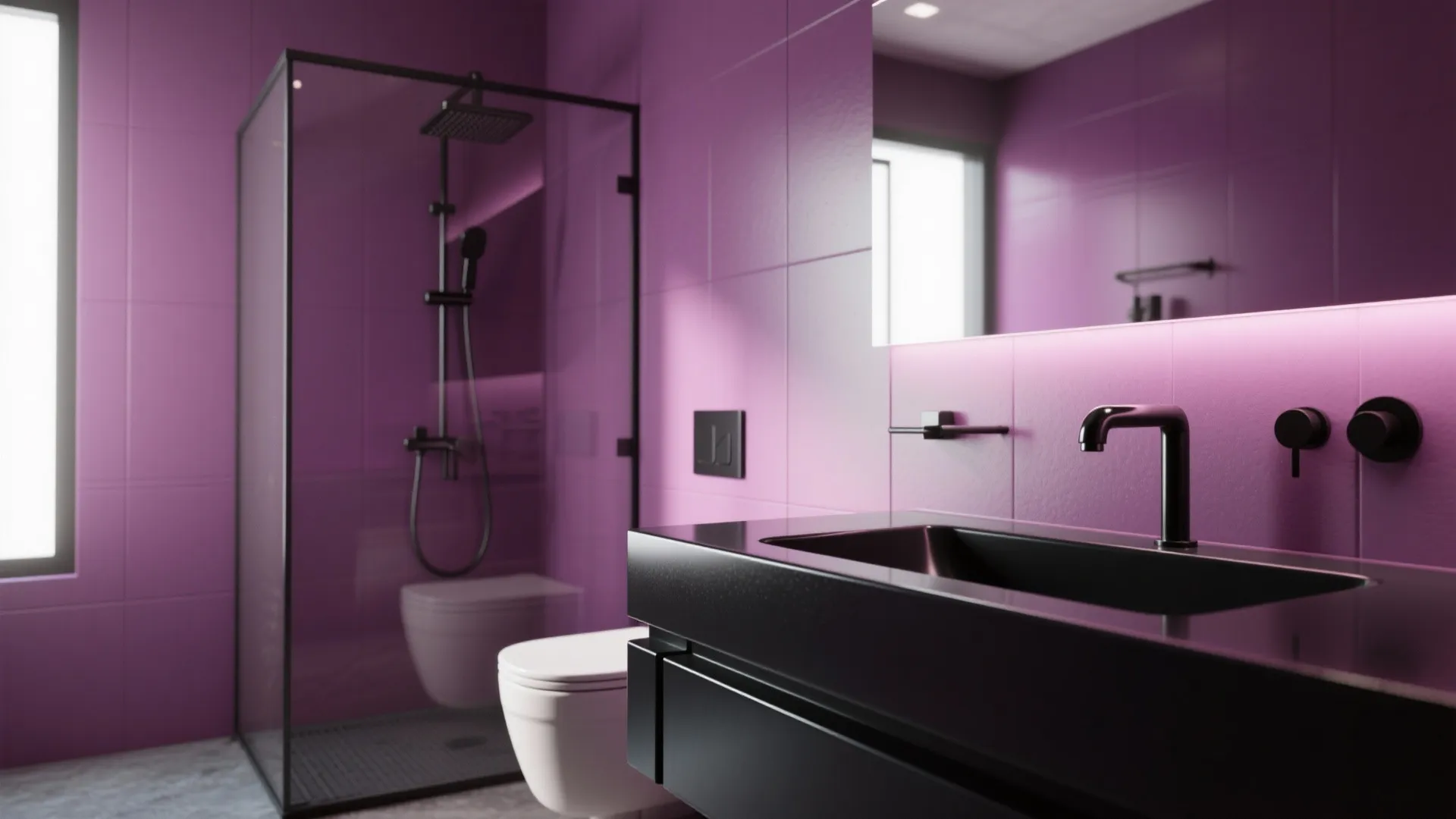 6. Glossy Black Fixtures with Plum Walls