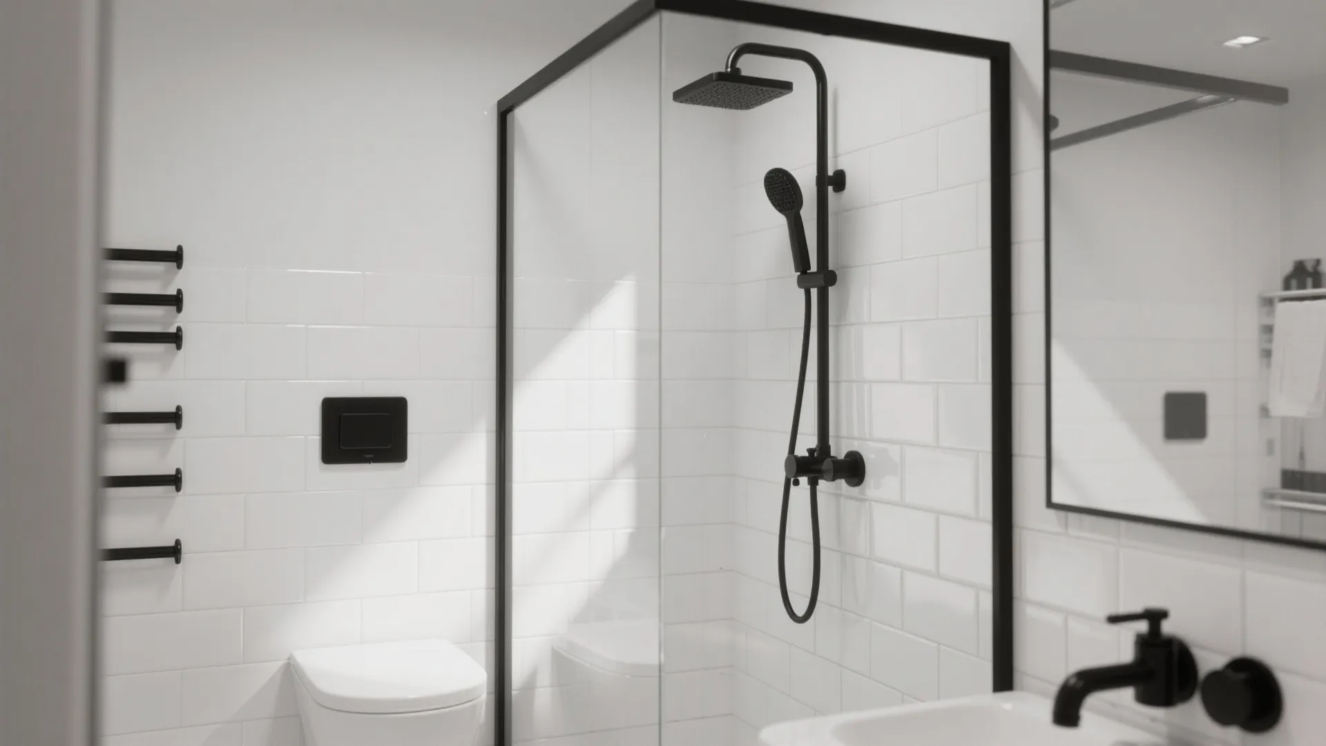 2. Black Fixtures Against White Tiles