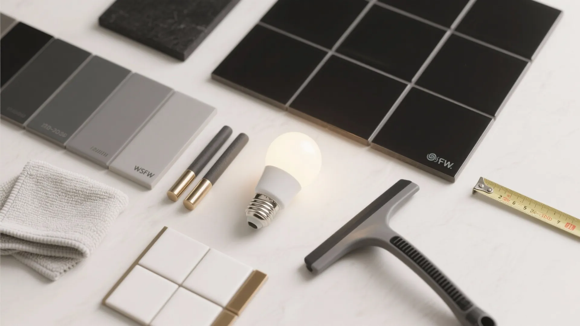Interior design material collection with black tiles color swatches light bulb tape measure and tools