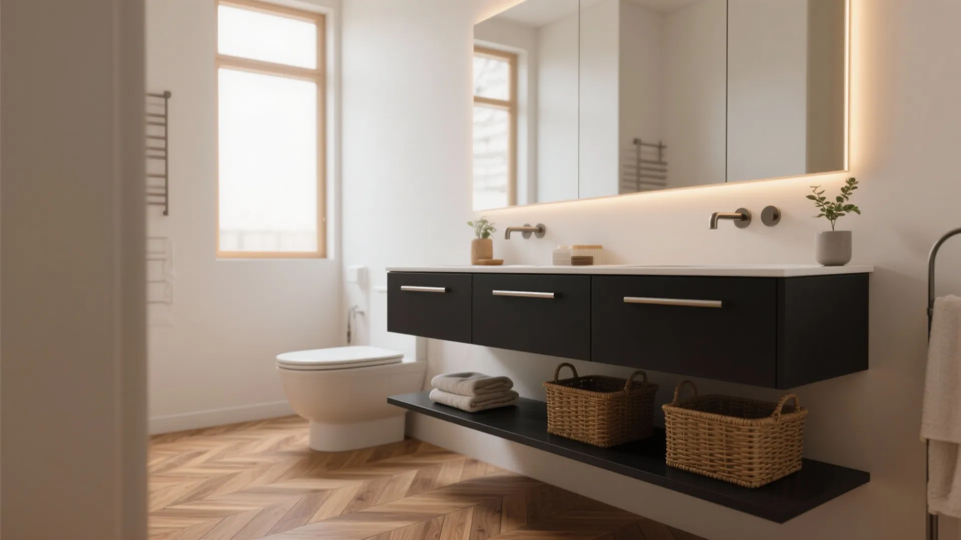 Modern bathroom with black floating cabinet wooden floor large lighted mirror and a white toilet