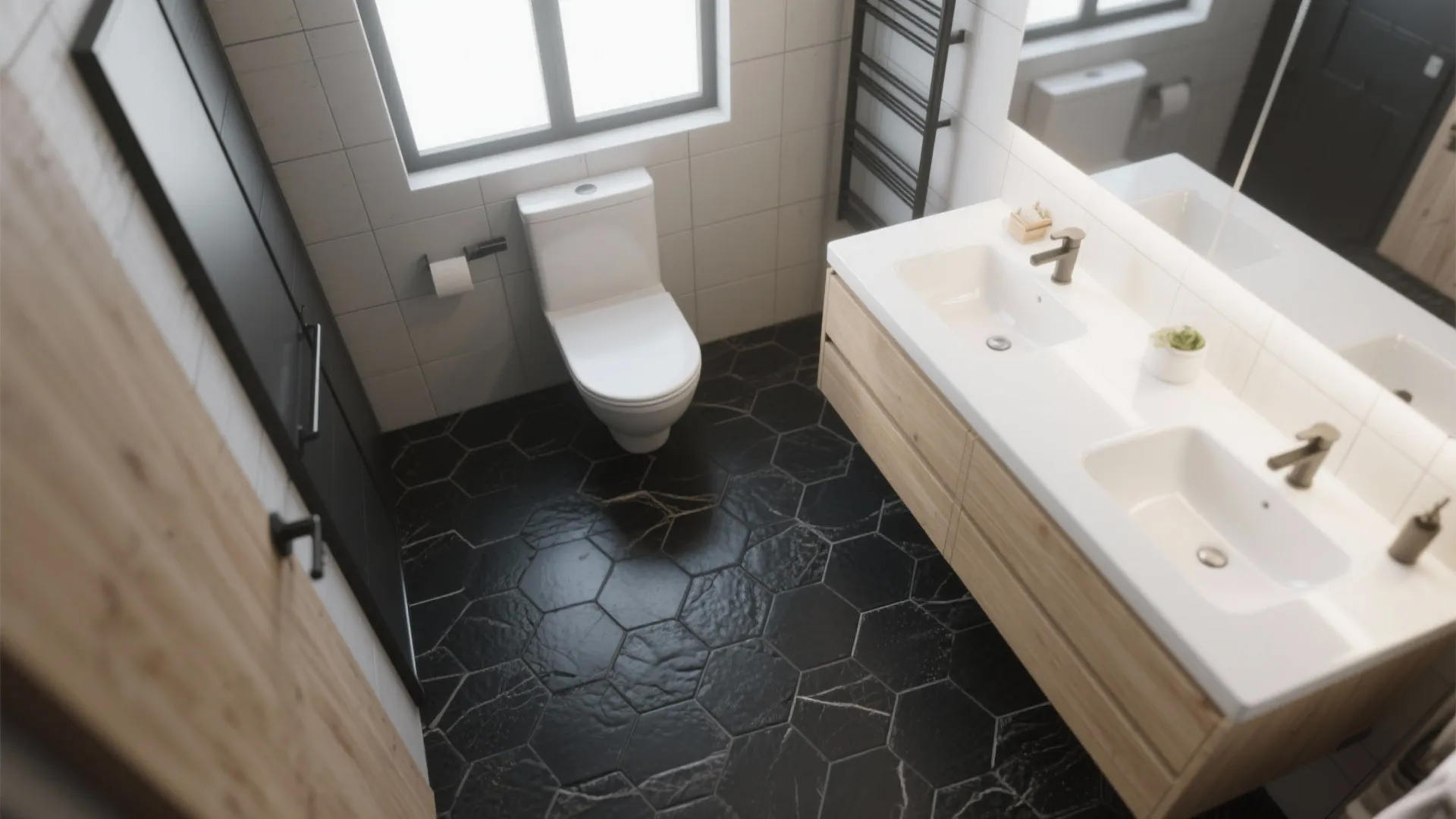 3. Monochrome contrast: black floor, light fixtures