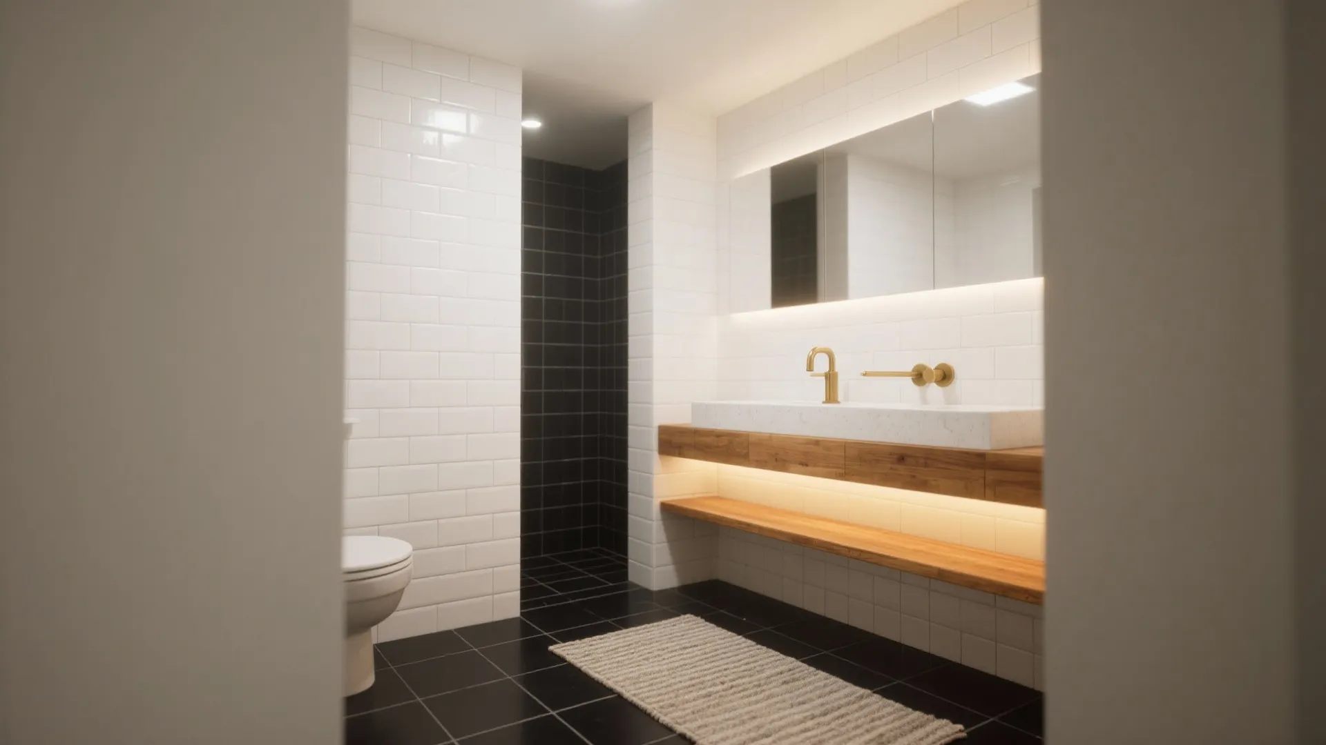 Modern bathroom with white tile walls black floor tiles wooden vanity sink and gold faucet