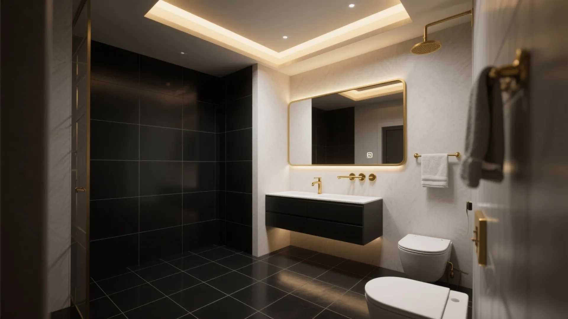 Modern bathroom with black wall tiles gold faucets large mirror black cabinet and white toilet seat