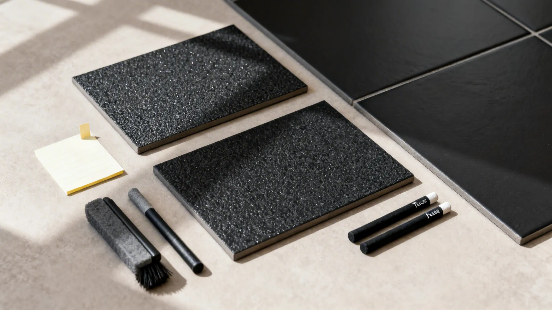 Flat lay of slip-resistant black tile samples with charcoal and black grout sticks under soft daylight.