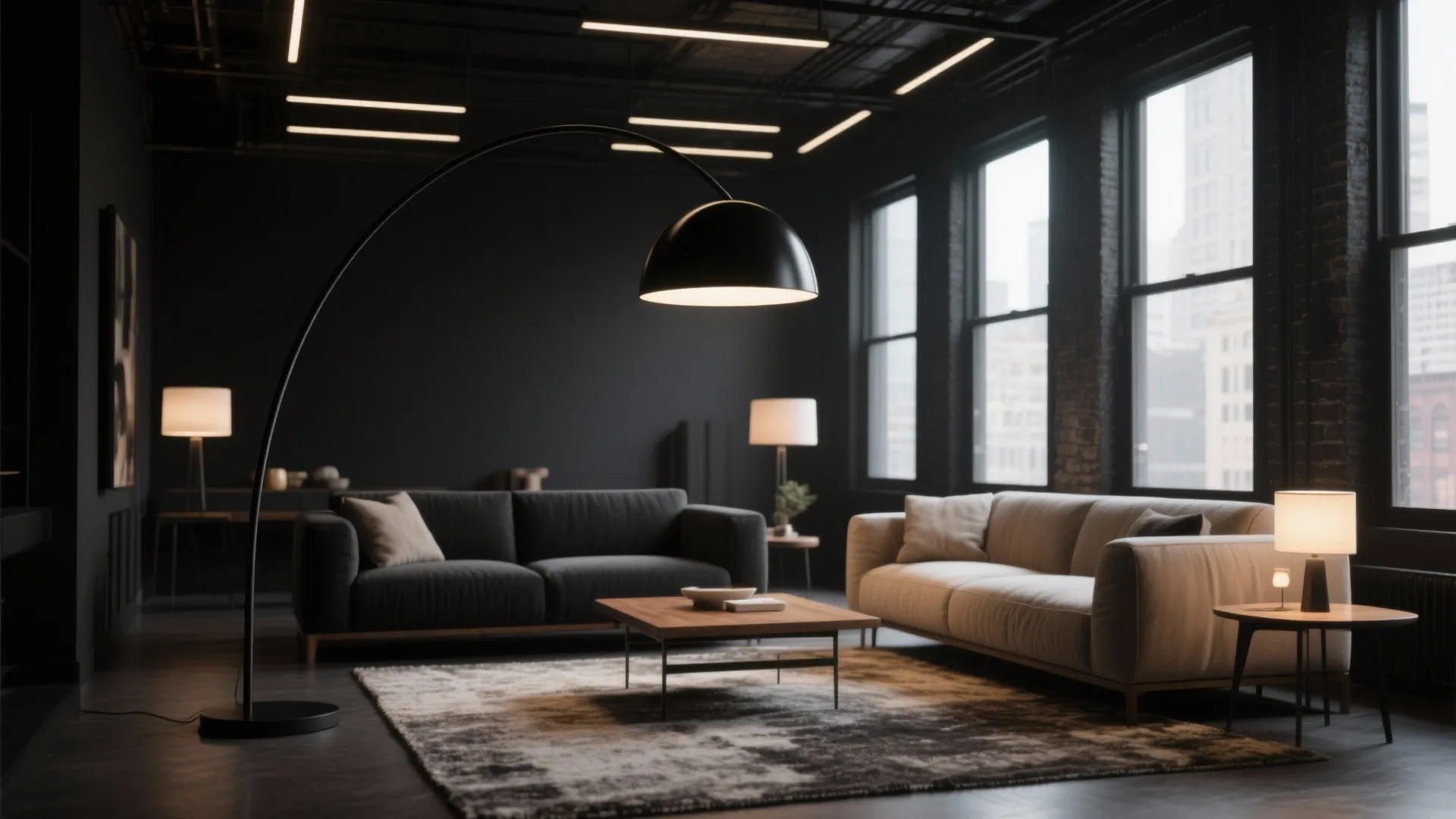 Large curved black floor lamp over dark living room with grey sofas and coffee table