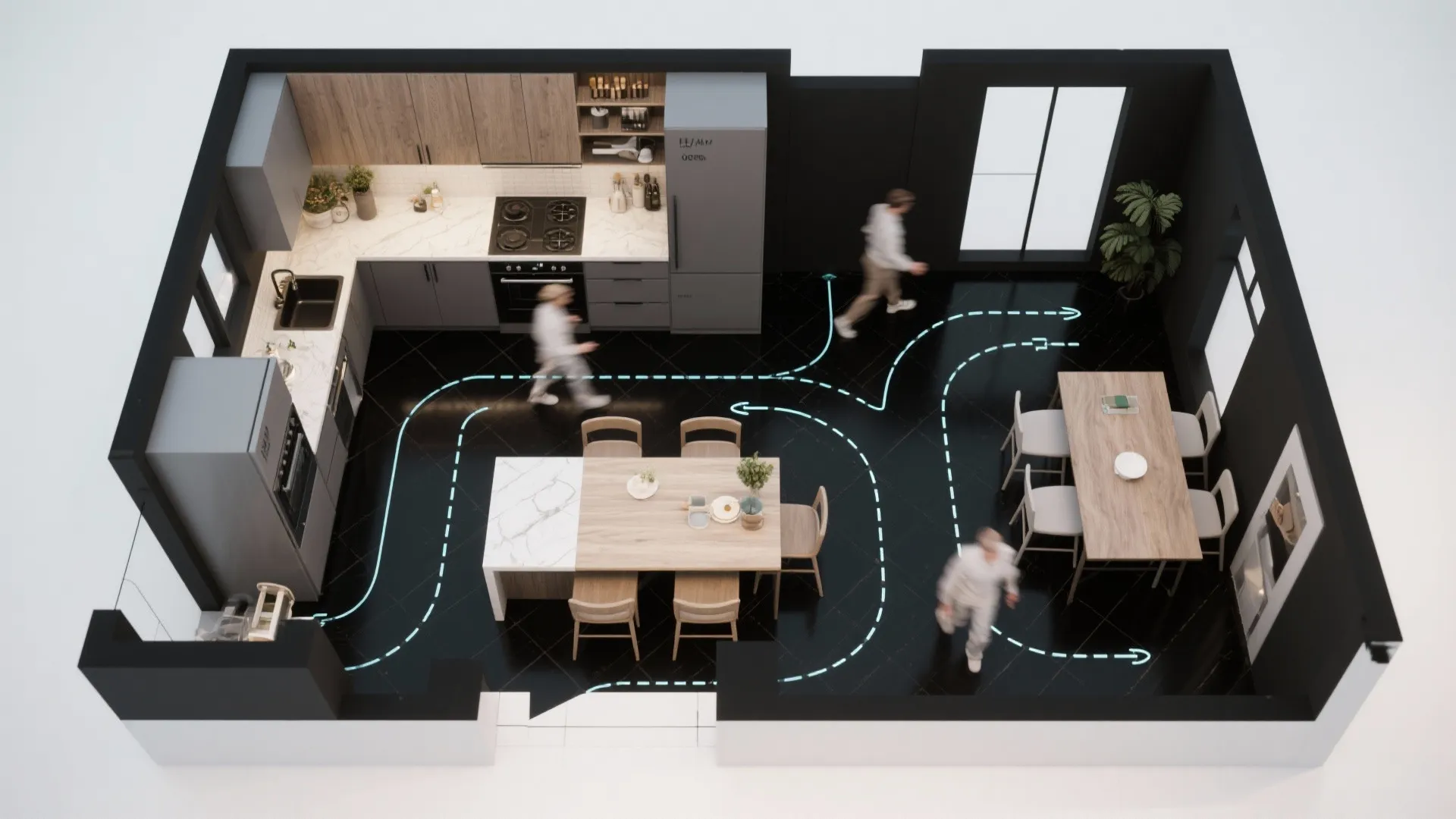 Top down interior design drawing of modern kitchen with black floor and room layout flow