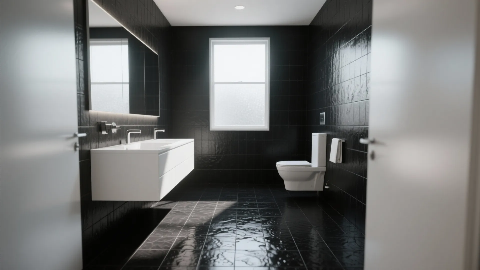 2. Black floor tiles + white fixtures for high contrast