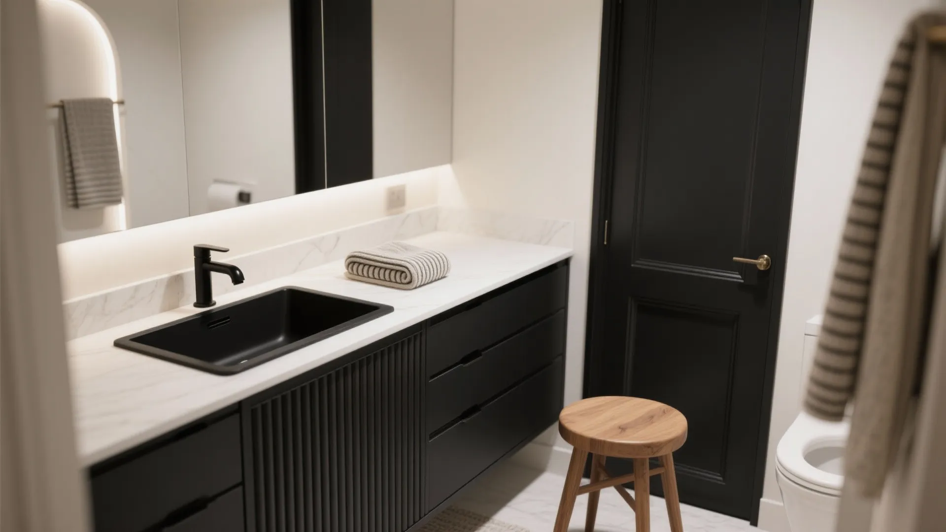 4) Black vanity with fluted texture and integrated sink