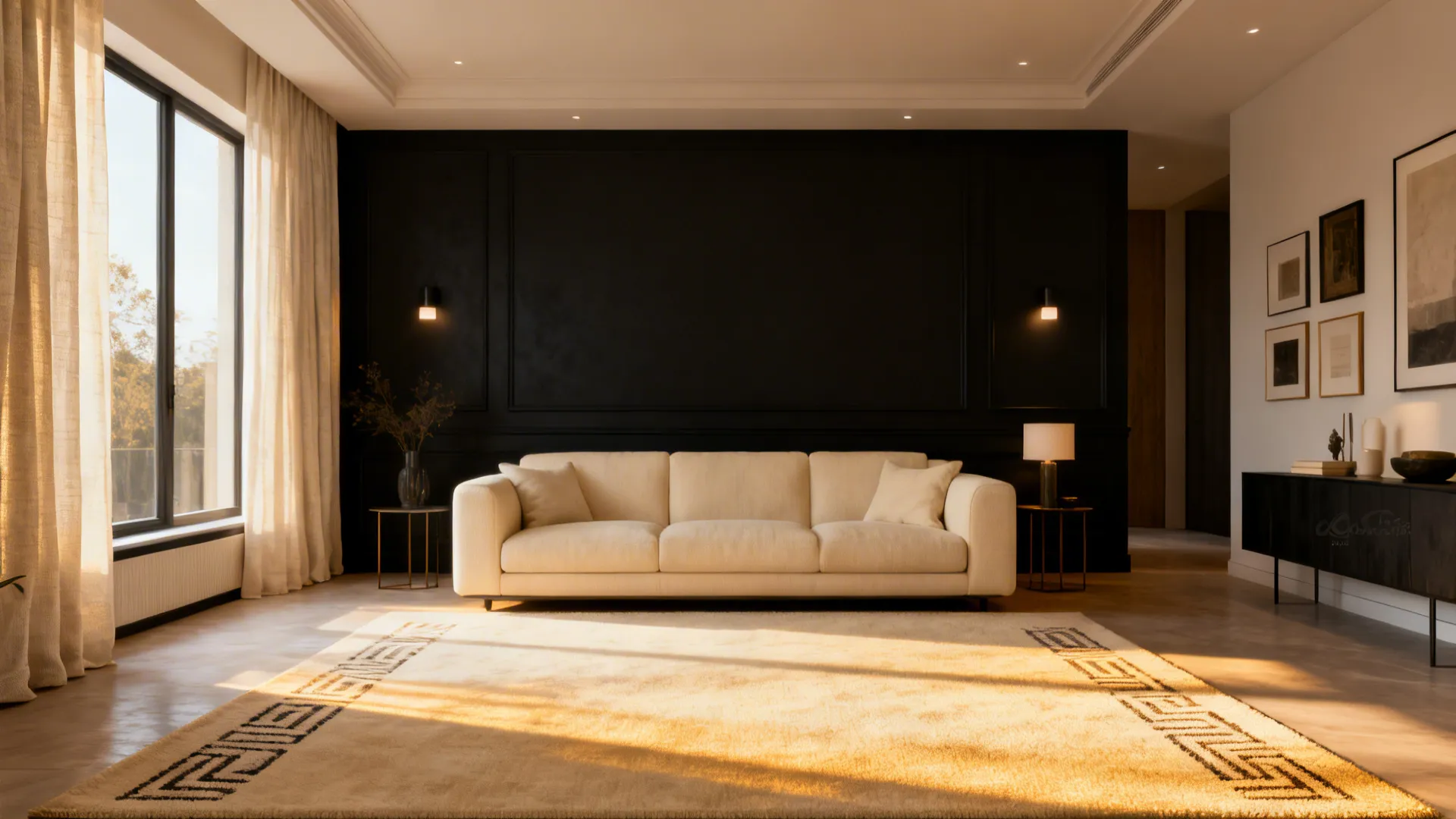 Black accent wall behind a cream sofa with cream rug and curtains in a small living room