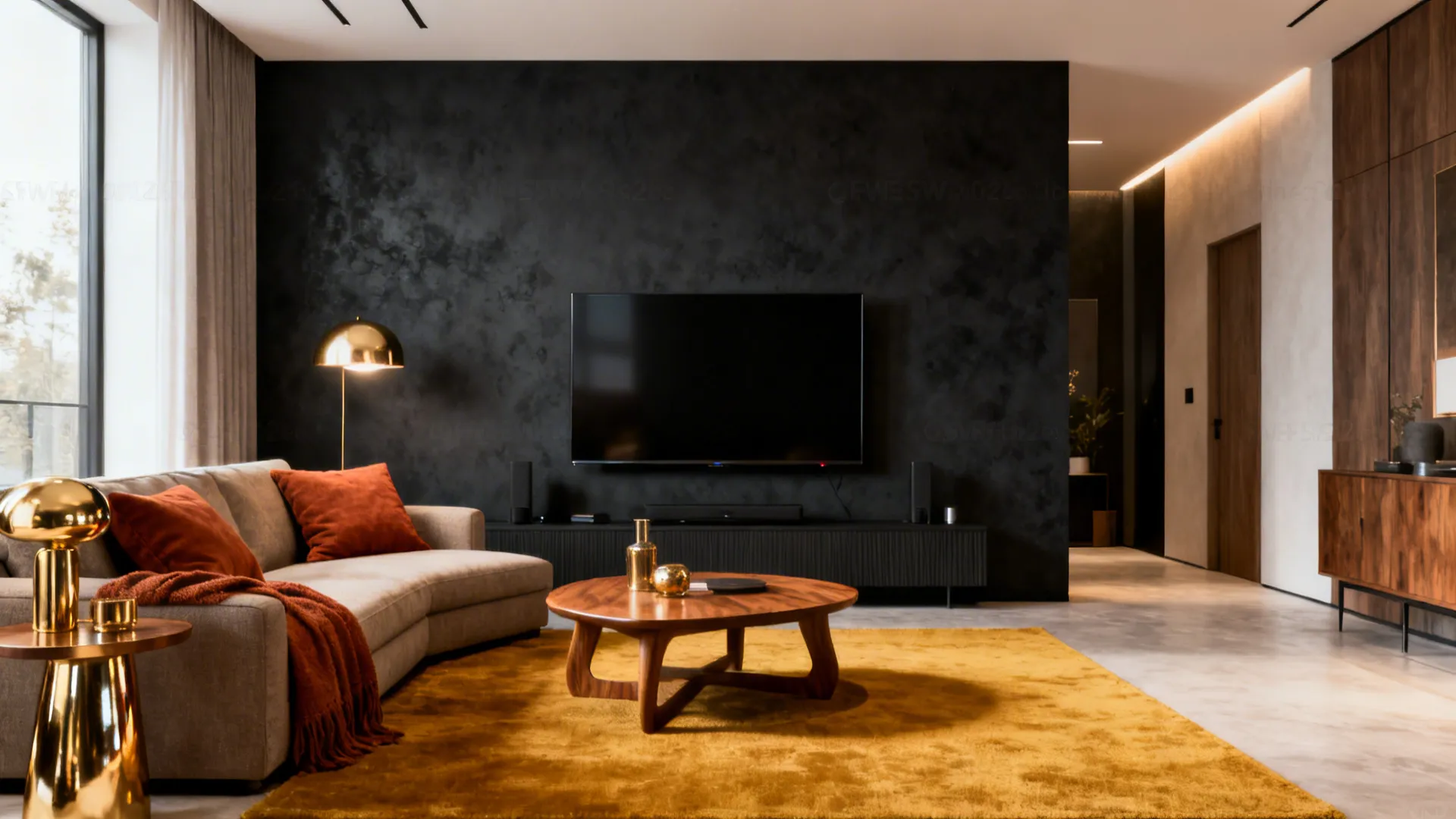 Charcoal focal wall behind a sofa with terracotta pillows and brass accents in a compact living room.