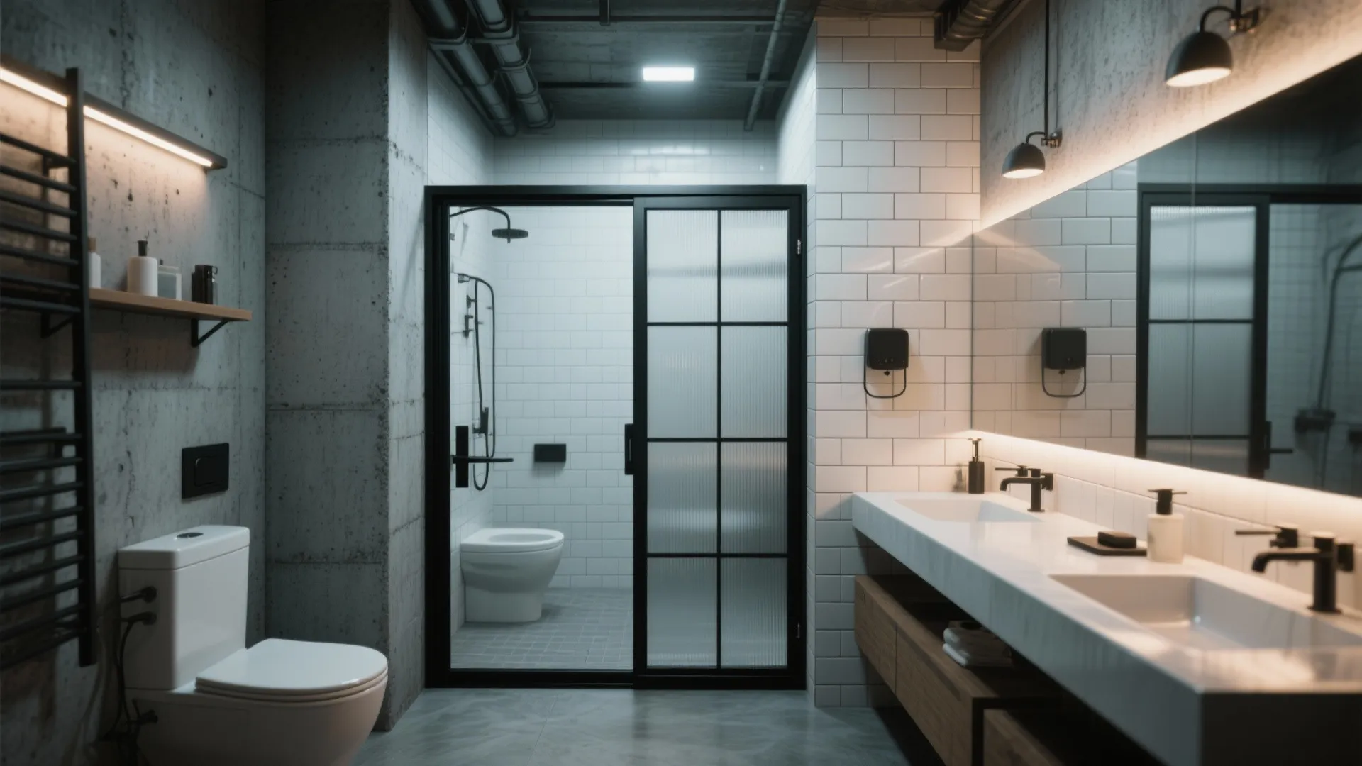 Industrial bathroom with concrete walls black frame glass door white toilet and long double sink vanity