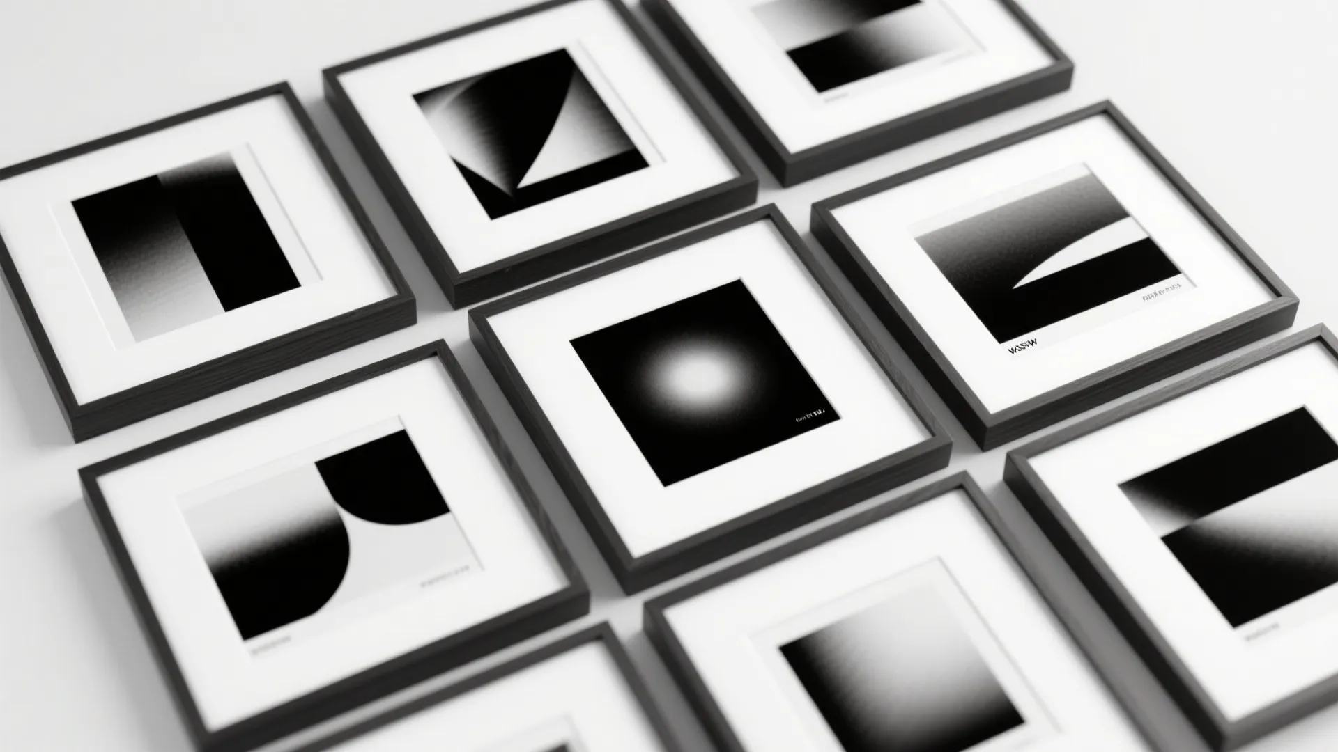 Collection of several black framed abstract wall art prints displayed together on a white surface