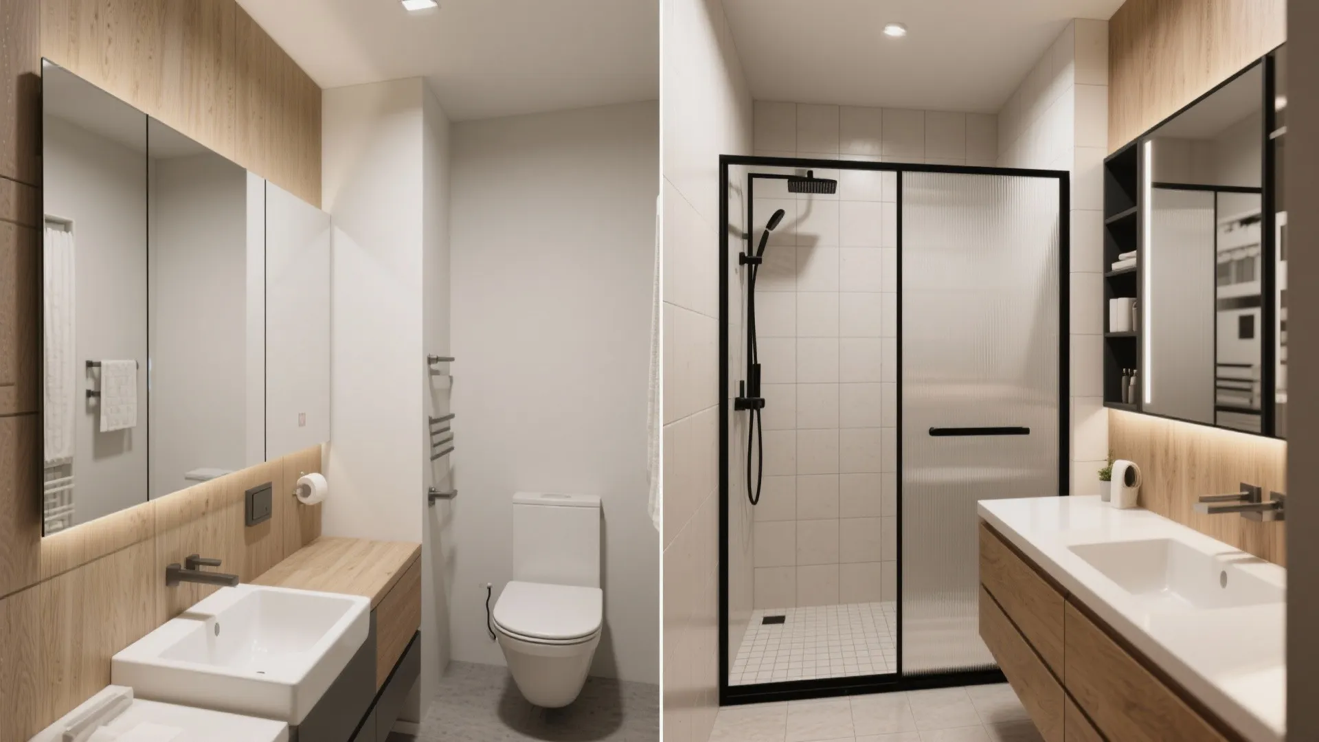 Comparison showing bathroom with simple white toilet versus upgraded bathroom with black frame shower door