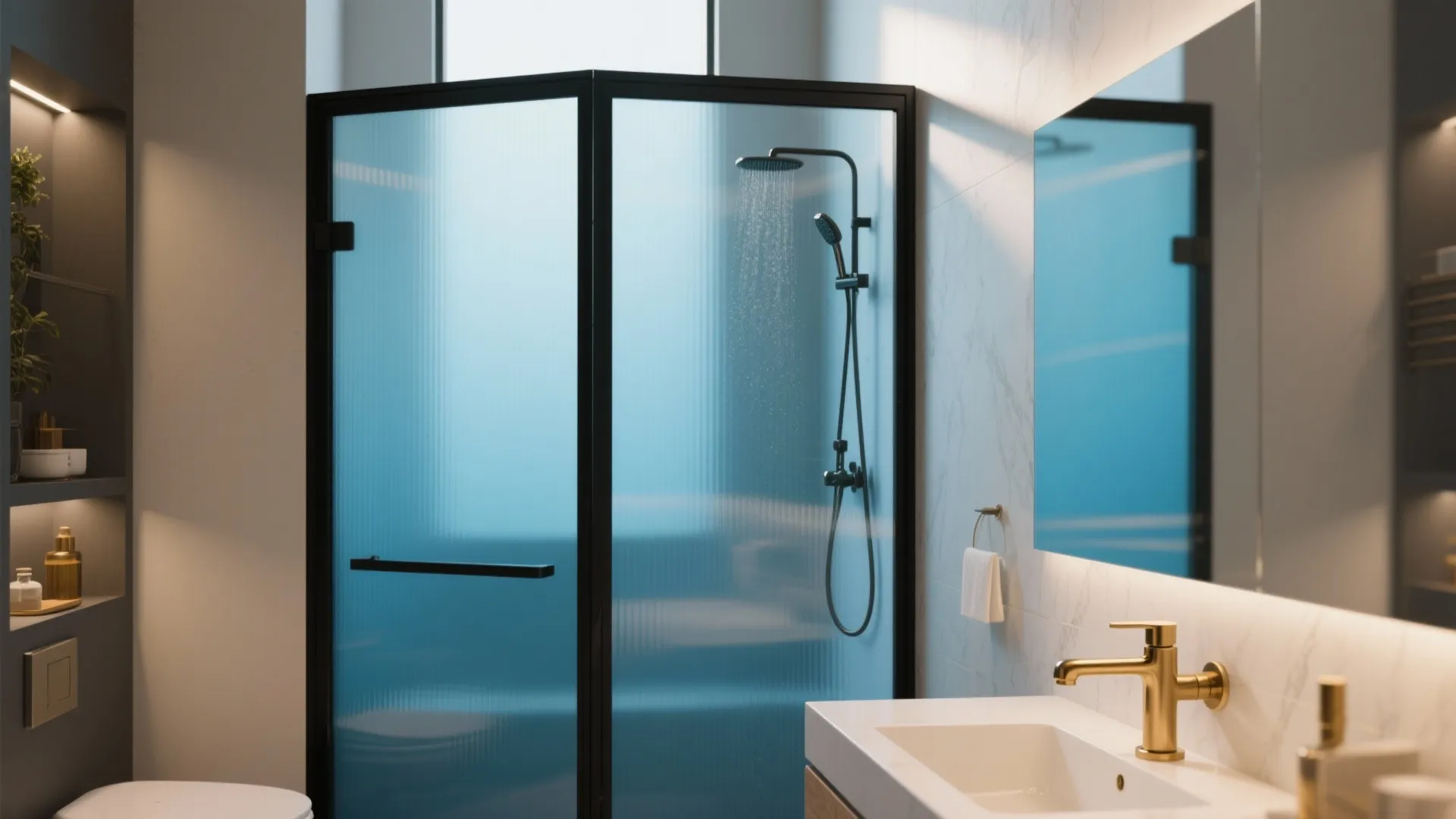Bathroom interior with blue glass shower door and gold water tap on white sink counter