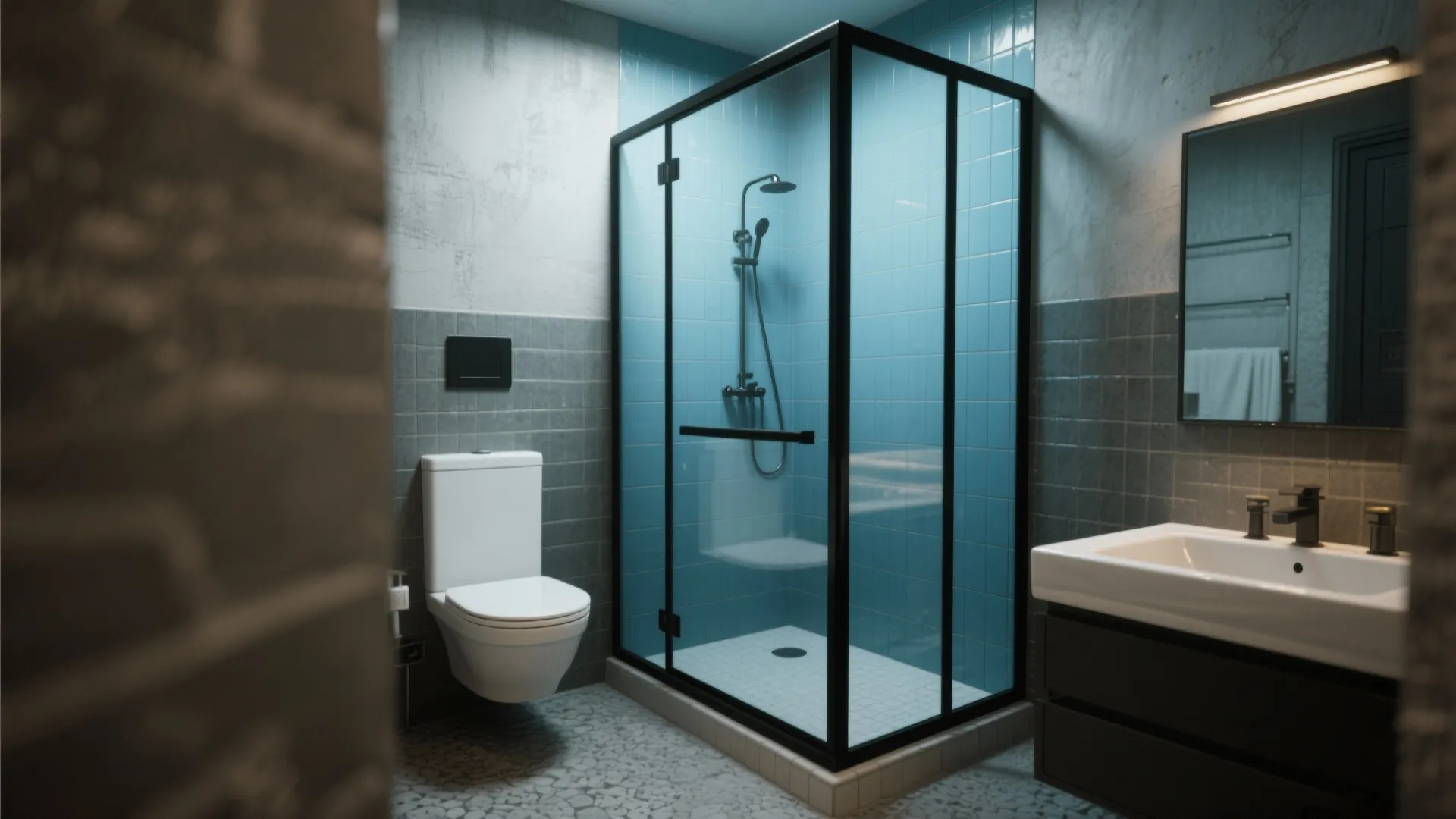 Bathroom with black-framed glass shower and blue-tinted subway tiles