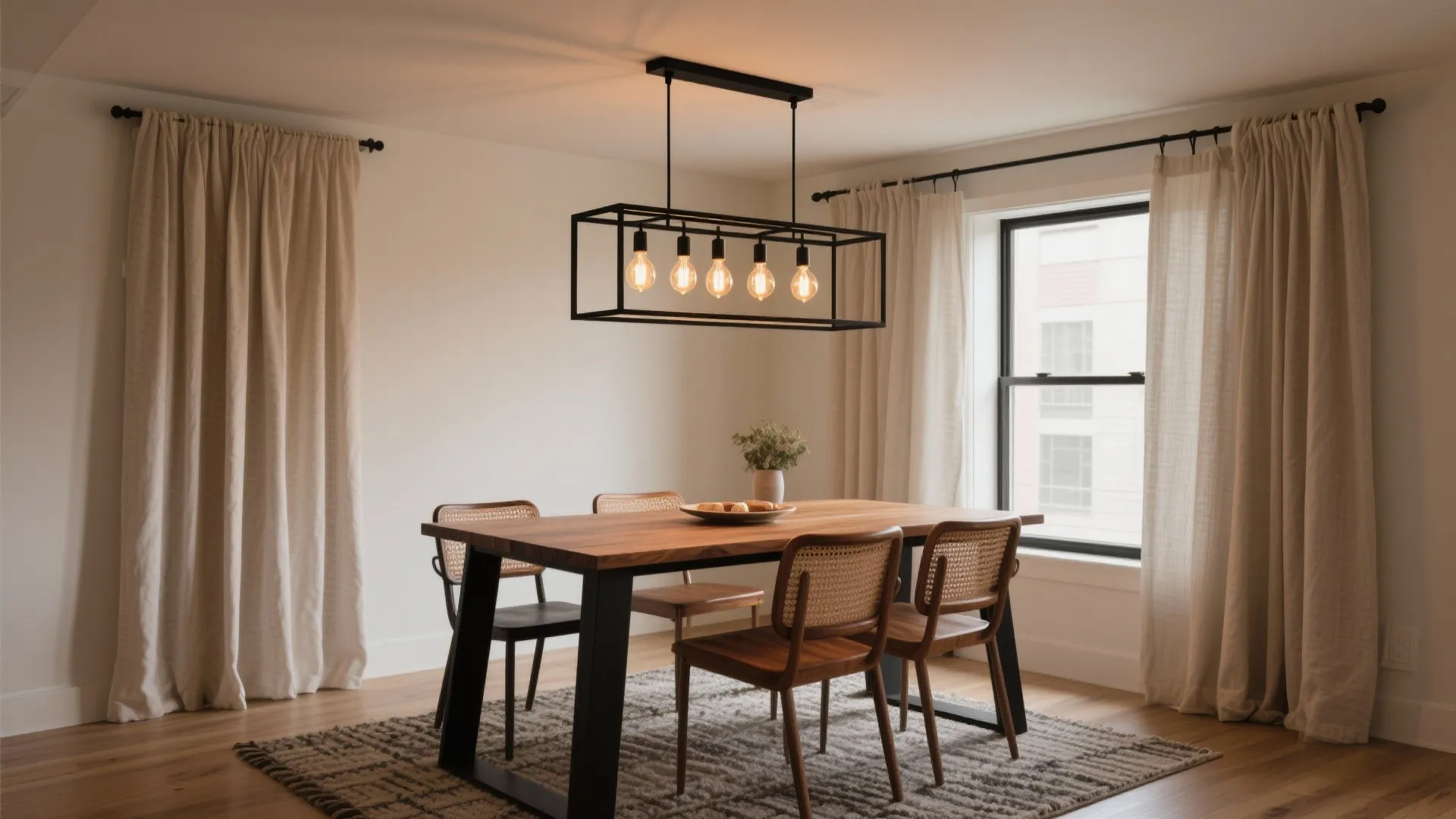 Slim black metal frame chandelier with warm LEDs over a small dining table.