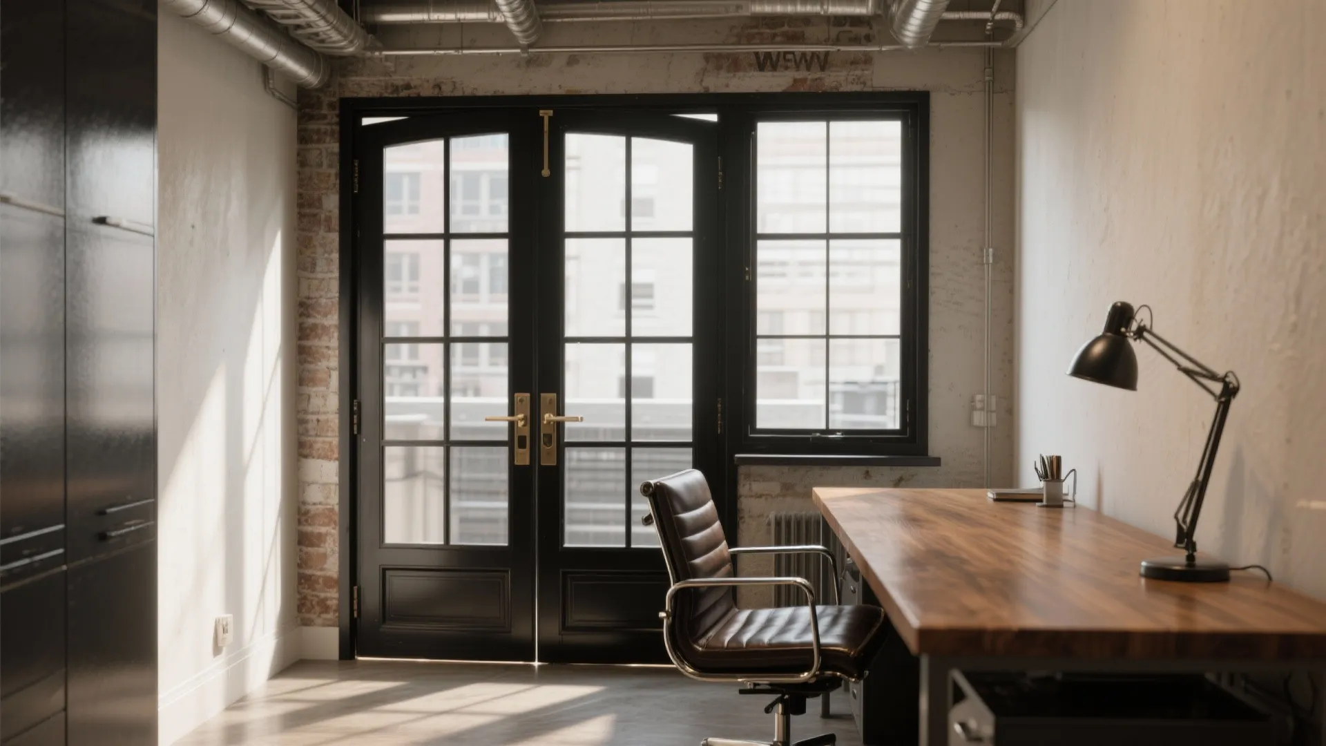 Industrial home office with black frame glass doors brick wall wooden desk and leather chair
