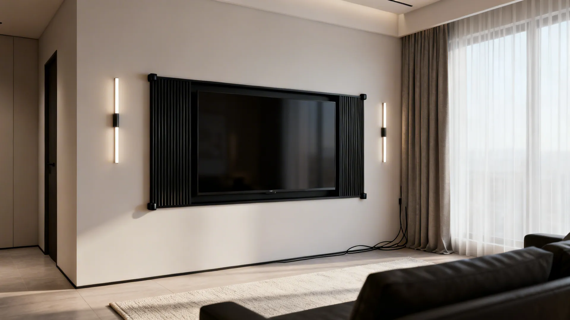 TV with a slim matte black frame and fluted side panels, accented by slim LED sconces in a bright living room.