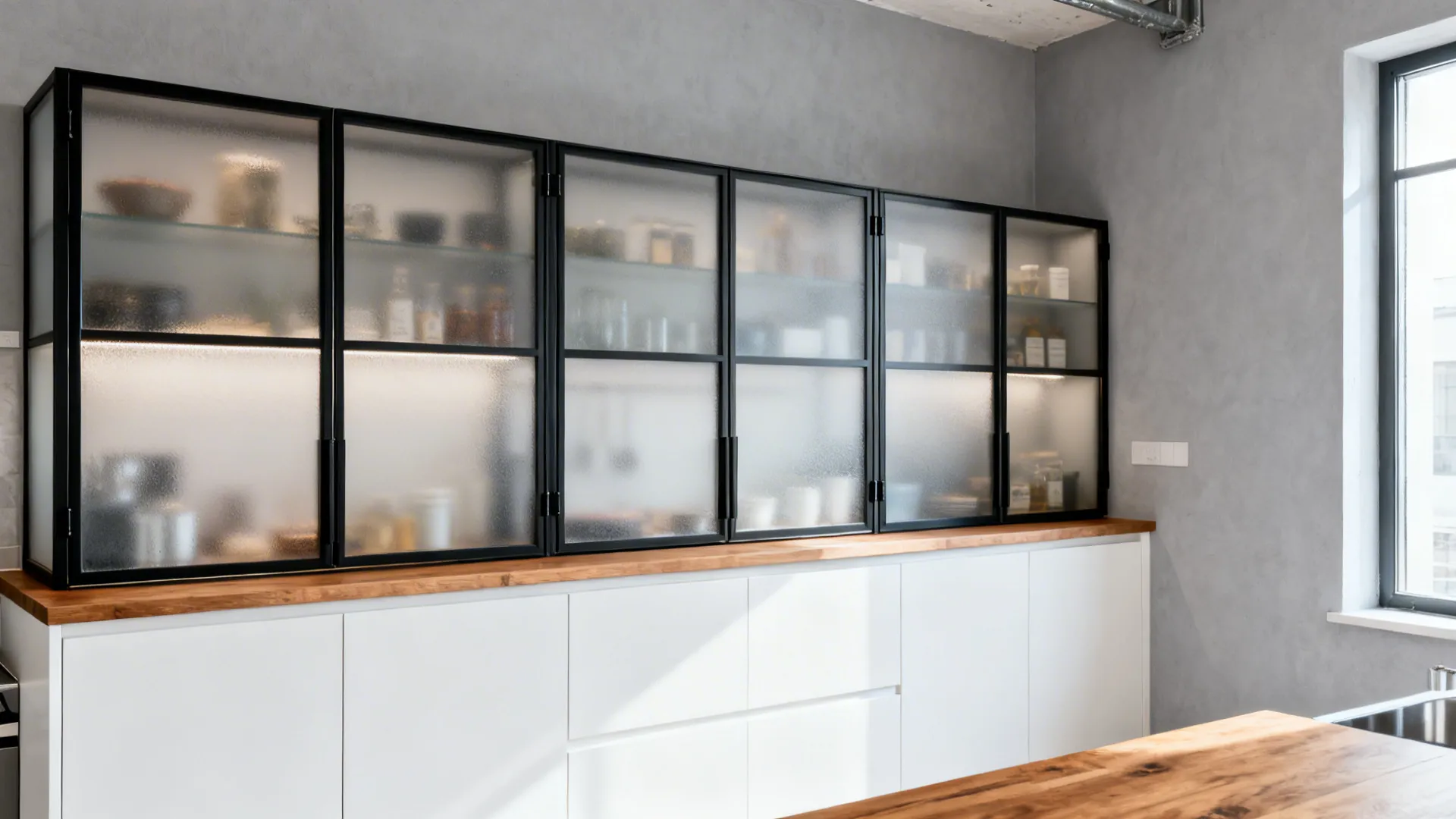 Compact kitchen with frosted glass doors in slim black metal frames.