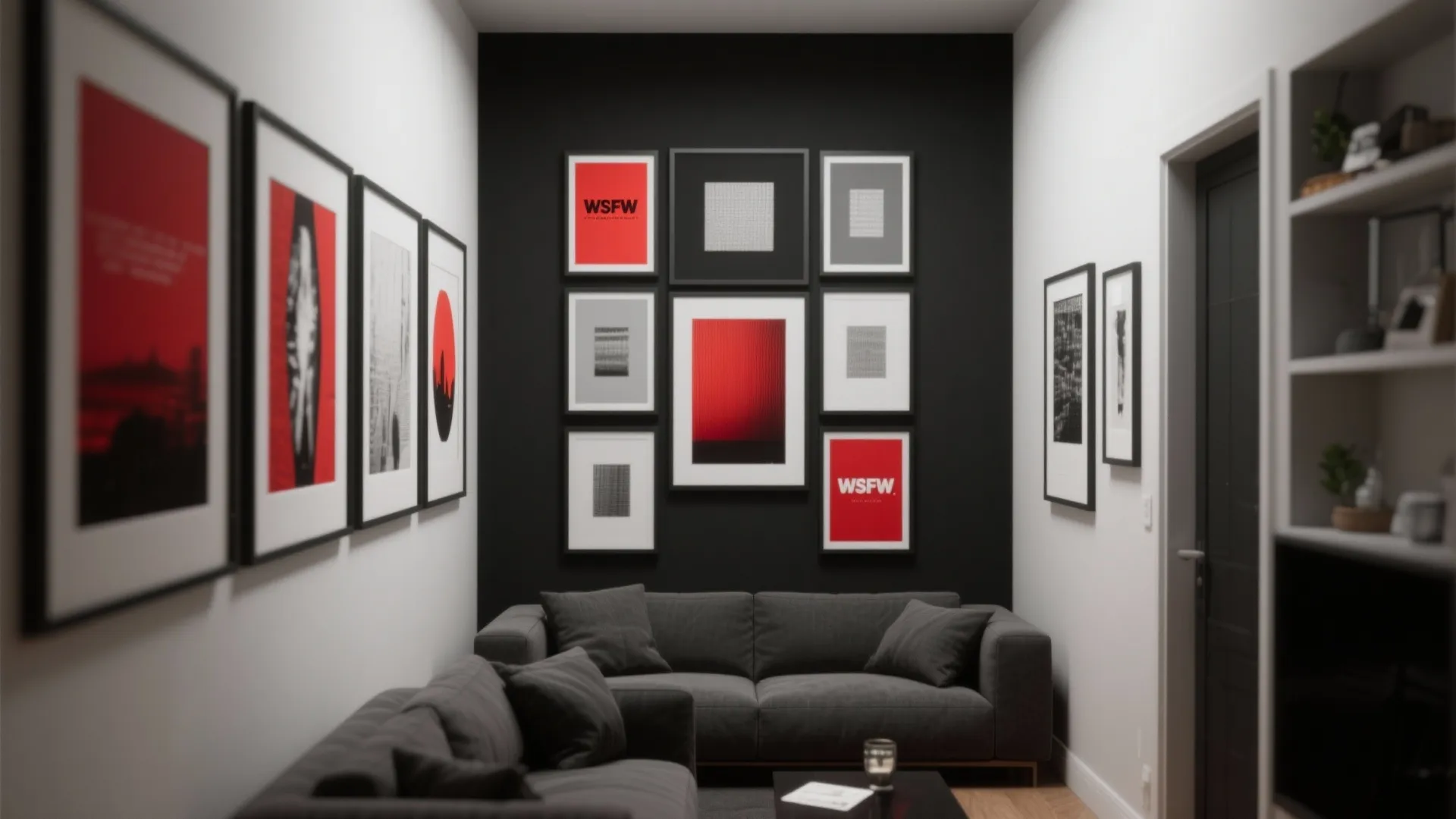 Modern living room with black sofa and gallery wall featuring several framed red and white art