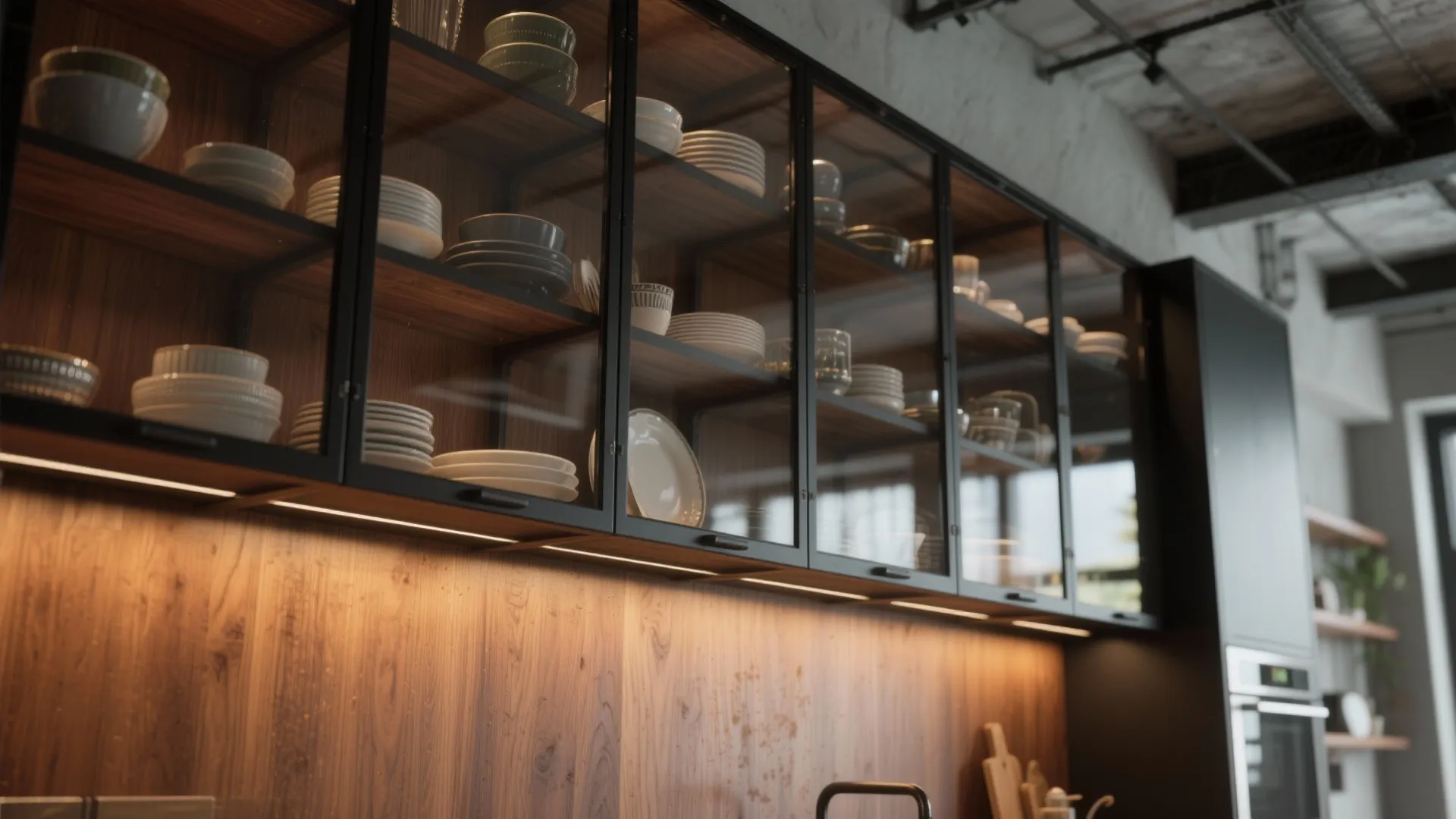 Glass door wall cabinet with black frame showing bowls plates and warm under cabinet lighting