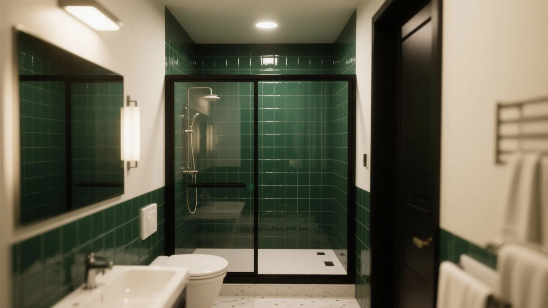 Modern bathroom featuring green wall tiles black frame shower door white toilet and wall light