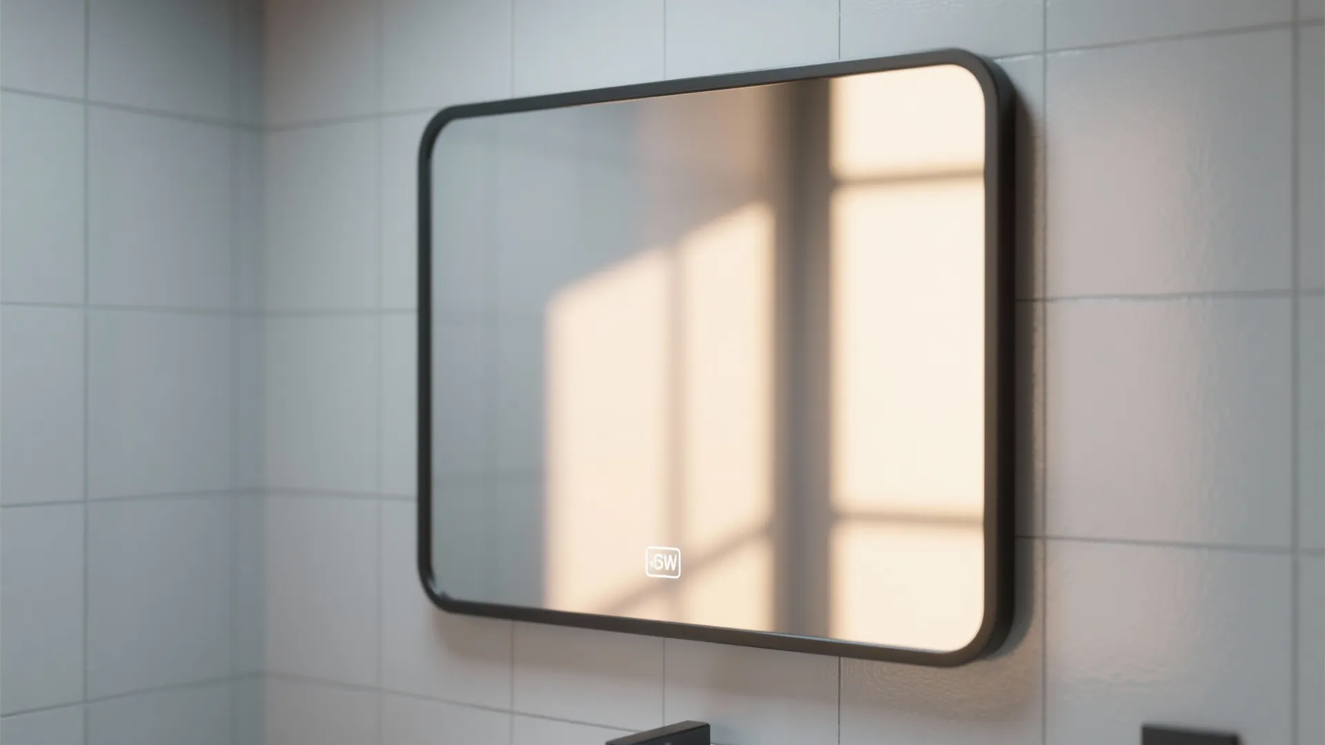 Modern rectangular bathroom mirror with a black metal frame mounted on white tiled wall surface