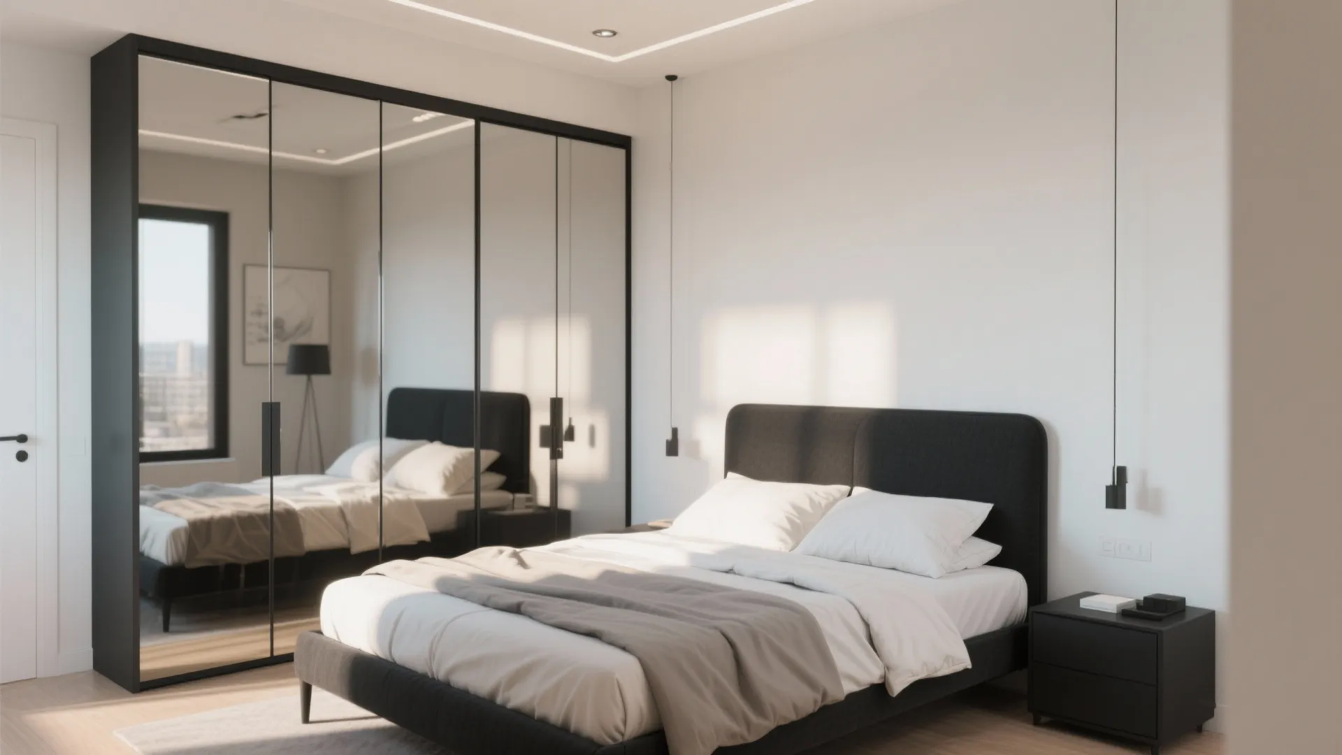 2. Black bed frame + mirrored wardrobe