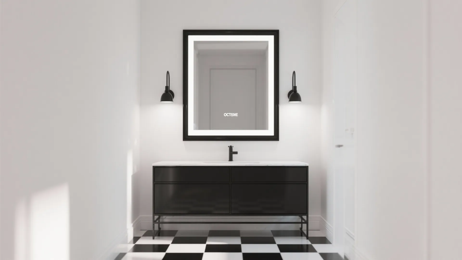 Modern black bathroom cabinet with lighted mirror two wall lights and black white checkered floor