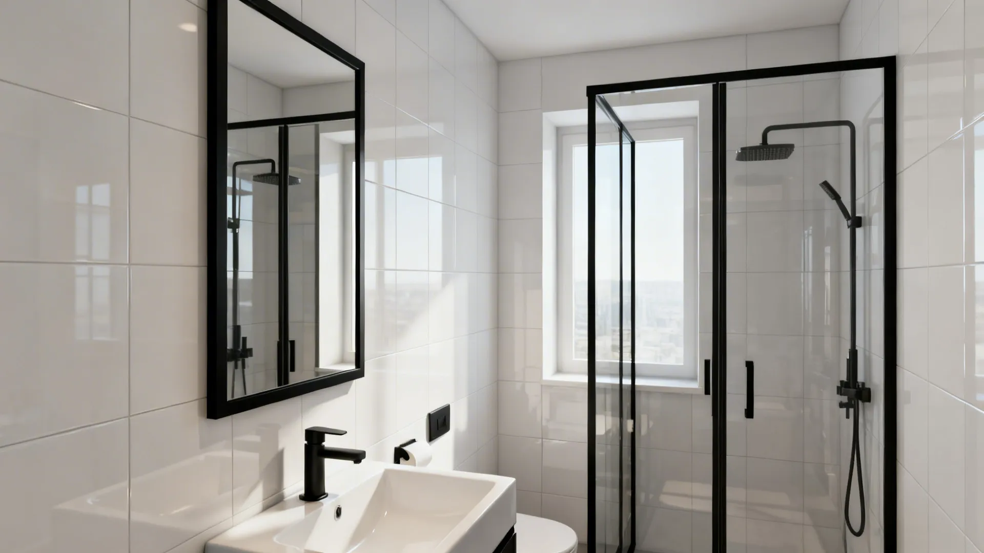 Slim black-framed mirror and matching black-framed glass shower screen in a small bathroom.
