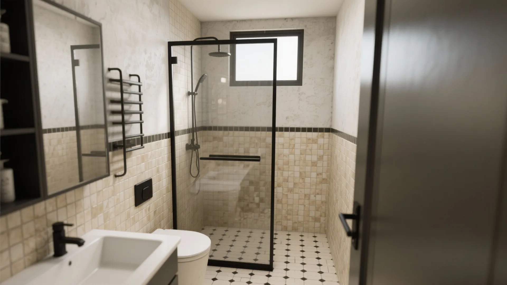 3. Black-framed glass shower with beige mosaic floor