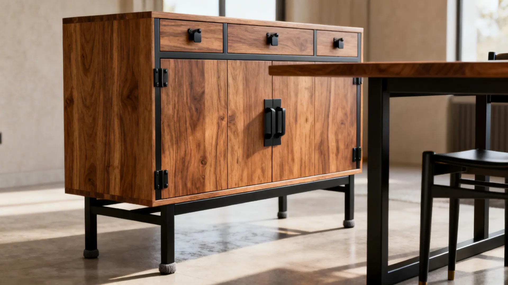 Matte black frame dining table paired with an oak china cabinet for warm contrast.