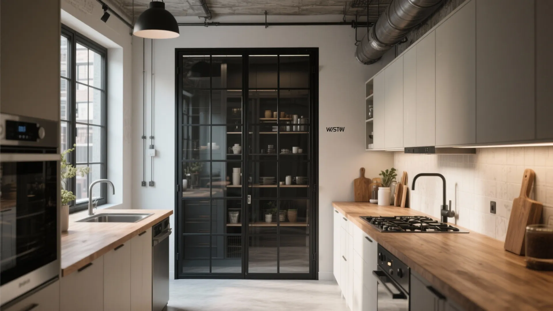 Industrial kitchen interior with white cabinets wooden countertops and large black frame glass pantry doors