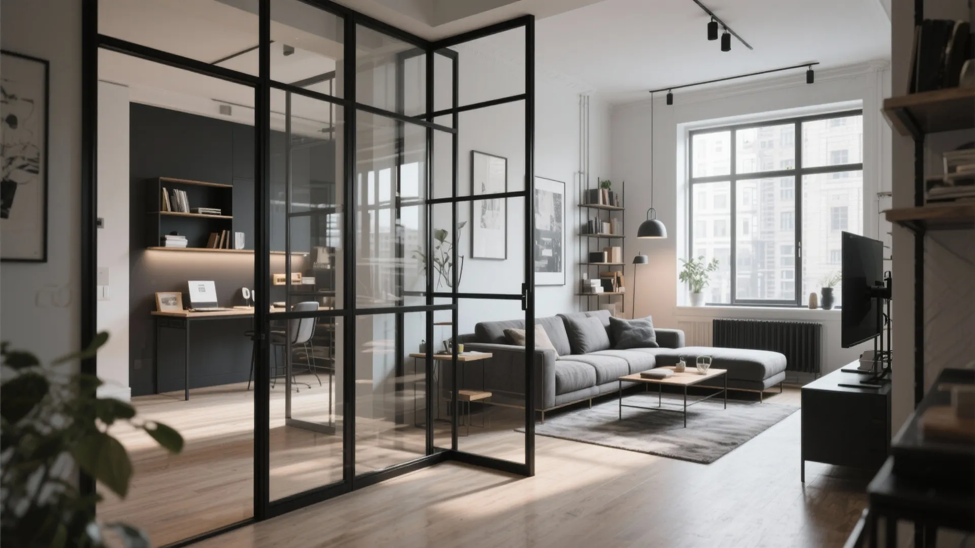 Black-framed glass partition between living and study area